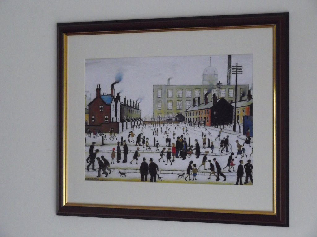 L S Lowry AUTHENTIC Art Print - Mill Scene with Figures - Walnut Finish Frame with White mount and Textured Image