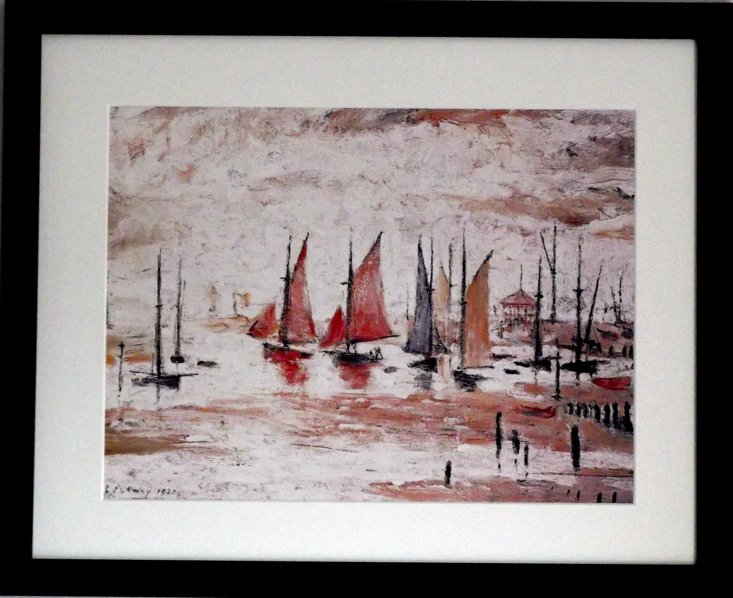 L S Lowry Sail Boats Art Print - Black Frame, Textured Image