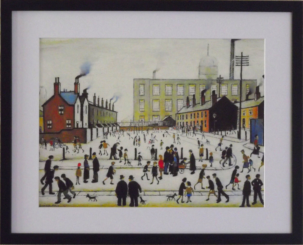 L S Lowry Art Print - Mill Scene With Figures - Satin Black Frame with White mount and Textured Image