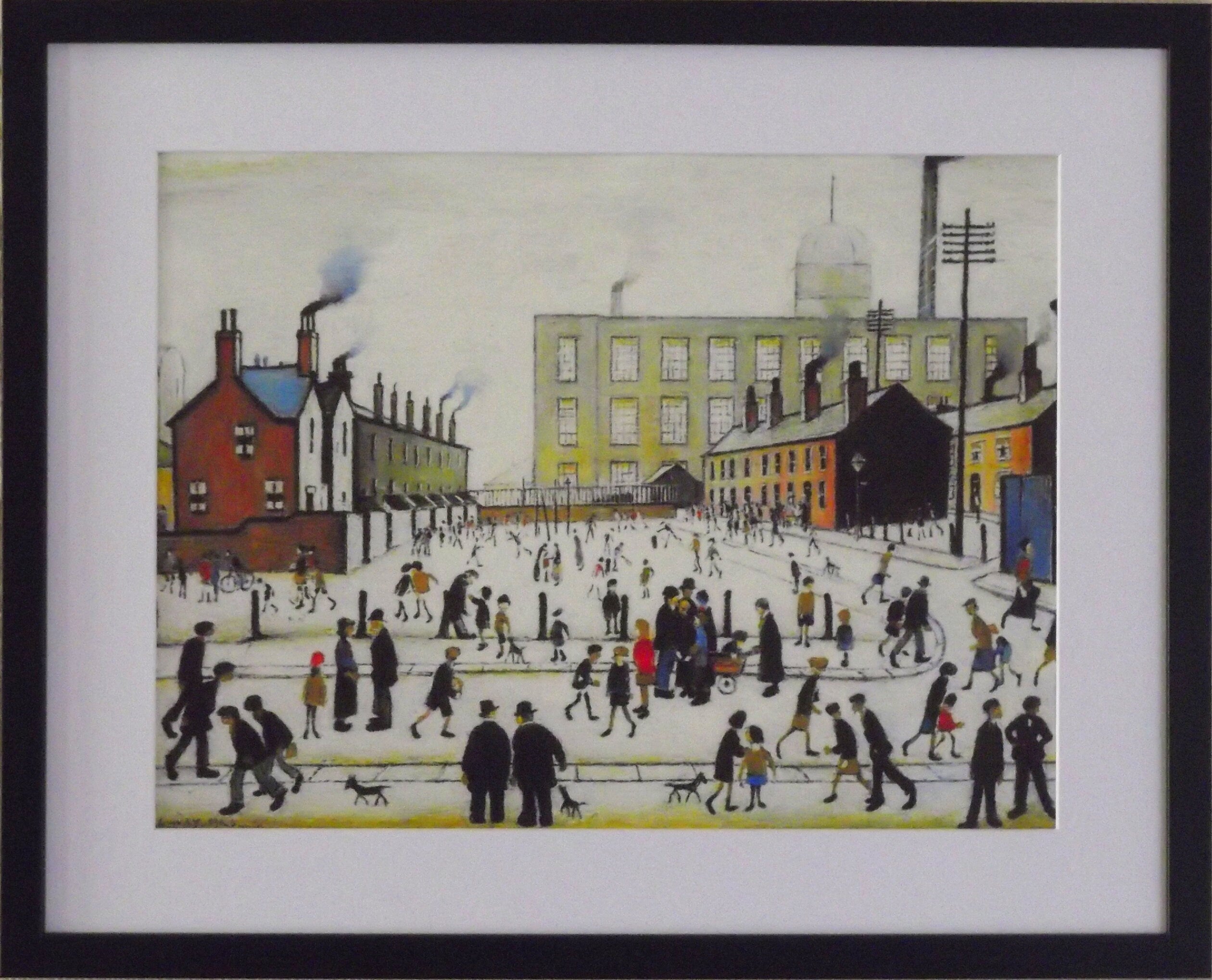 L S Lowry Art Print - Mill Scene With Figures - Satin Black Frame with White mount and Textured Image