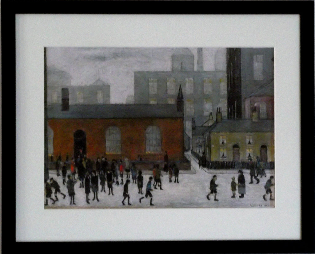 L S Lowry AUTHENTIC Art Print - Coming Out Of School - Black Frame with Mount and Textured Image