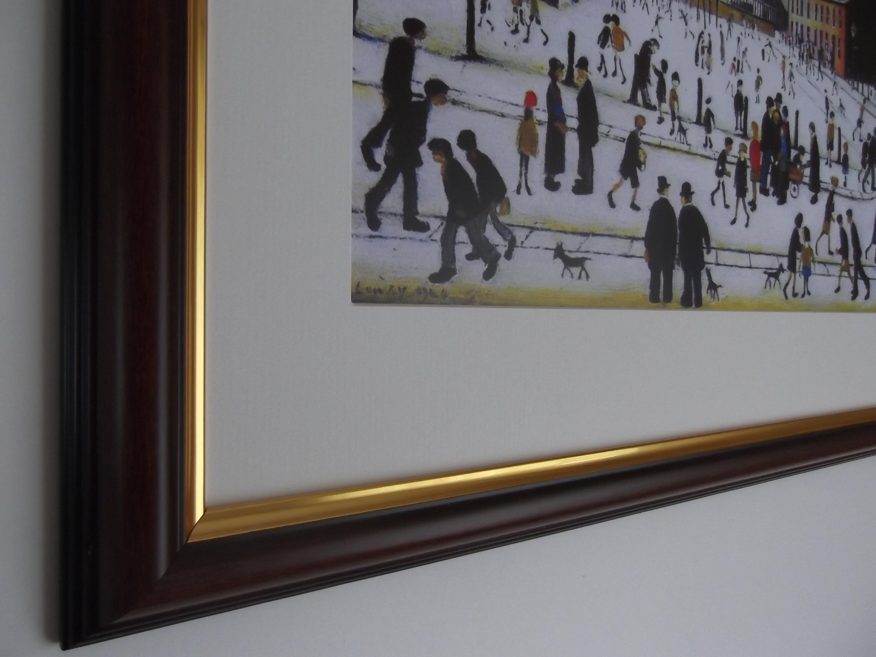 L S Lowry AUTHENTIC Art Print - Mill Scene with Figures - Walnut Finish Frame with White mount and Textured Image