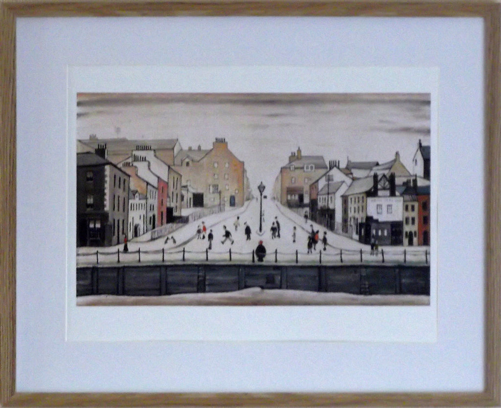 L S Lowry Art Print - Senhouse Street MARYPORT - Light Oak Finish Frame with White mount and Textured Image