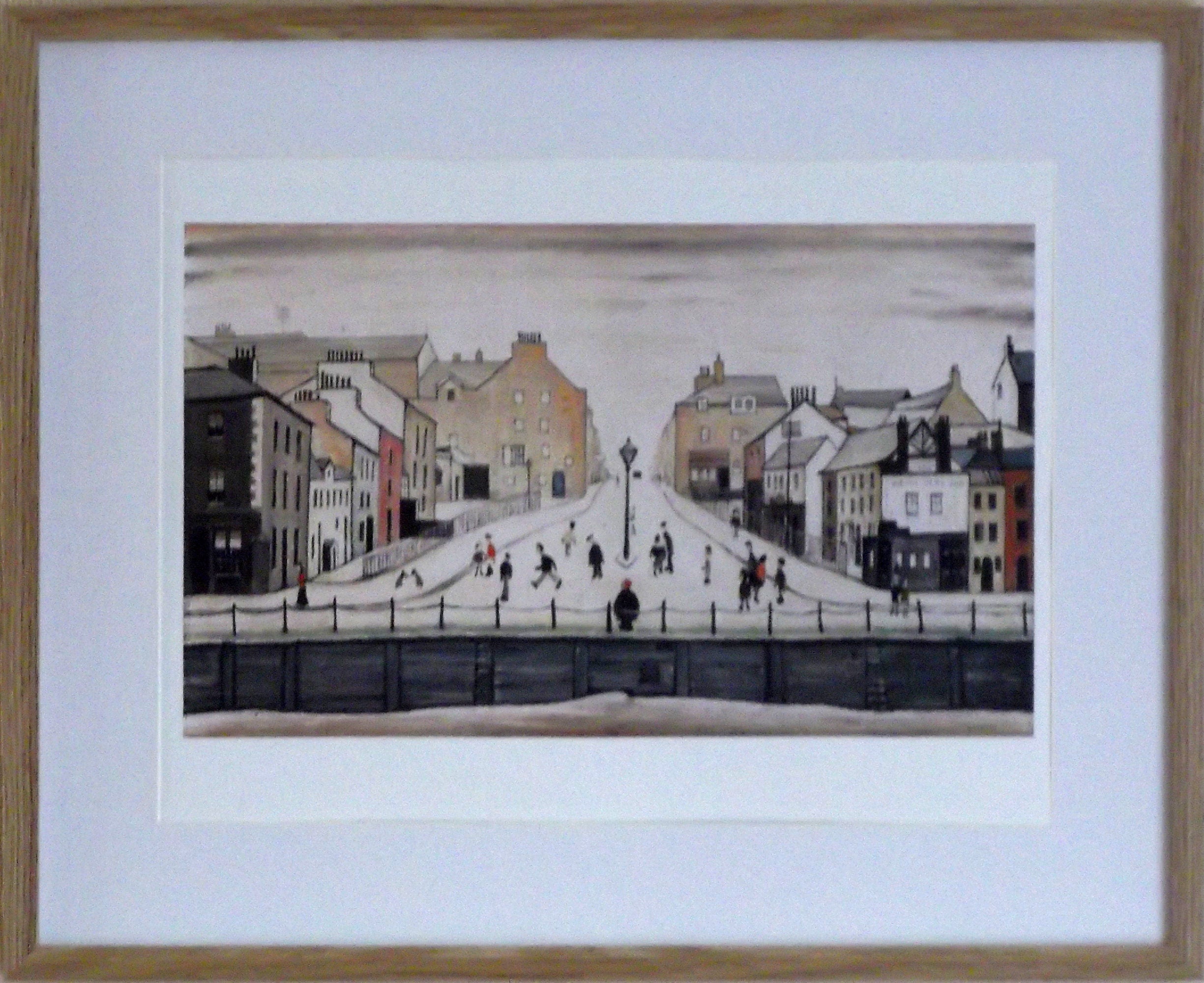 L S Lowry Art Print - Senhouse Street MARYPORT - Light Oak Finish Frame with White mount and Textured Image