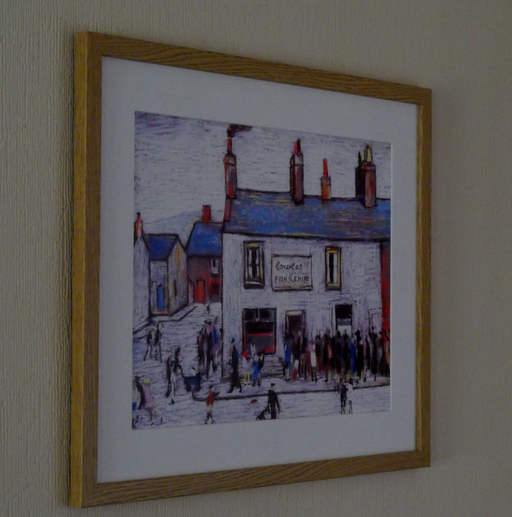 L S Lowry Print - CHIP SHOP - Oak Finish Frame with White Mount and Textured Image