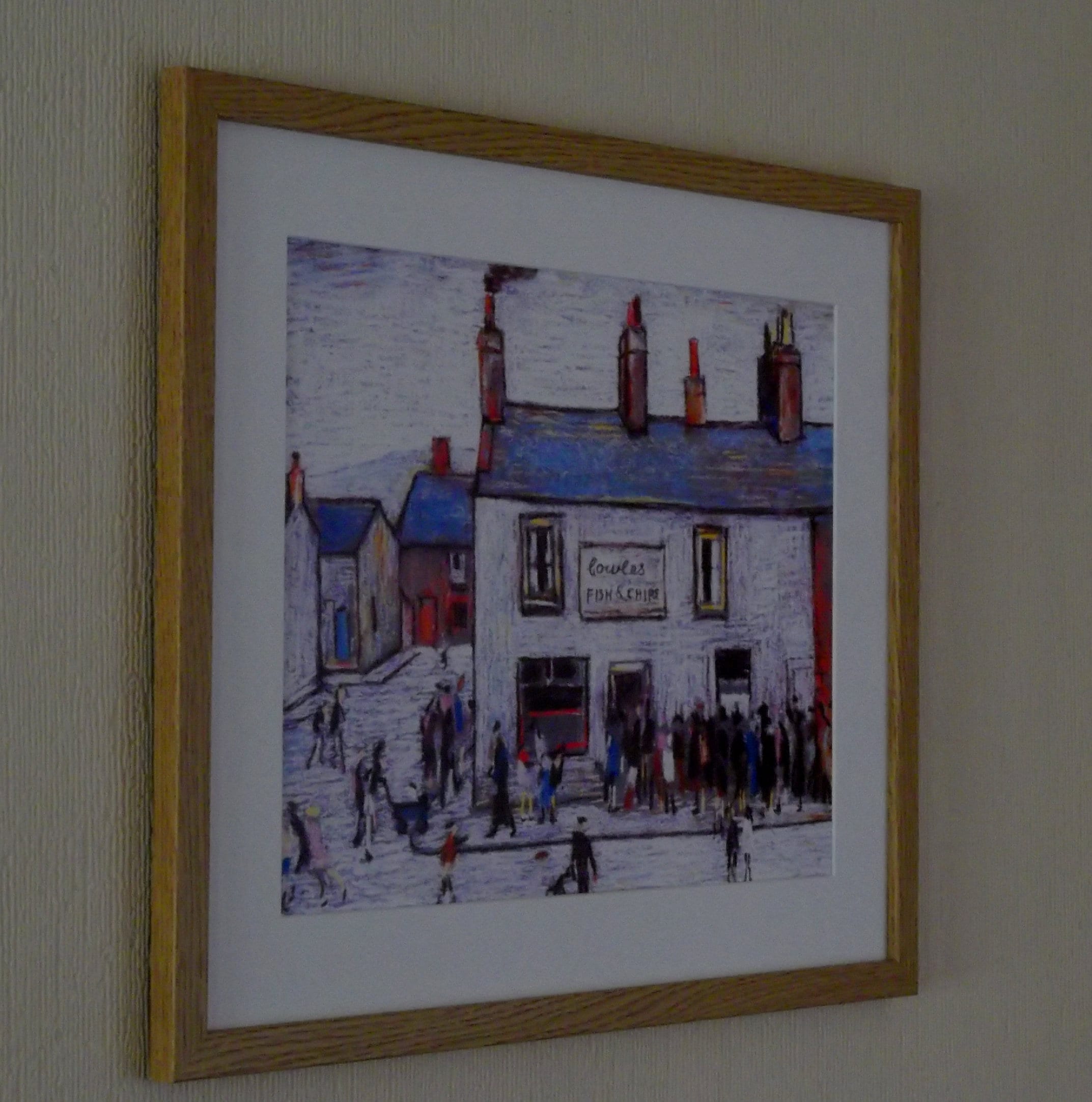 L S Lowry Print - CHIP SHOP - Oak Finish Frame with White Mount and Textured Image