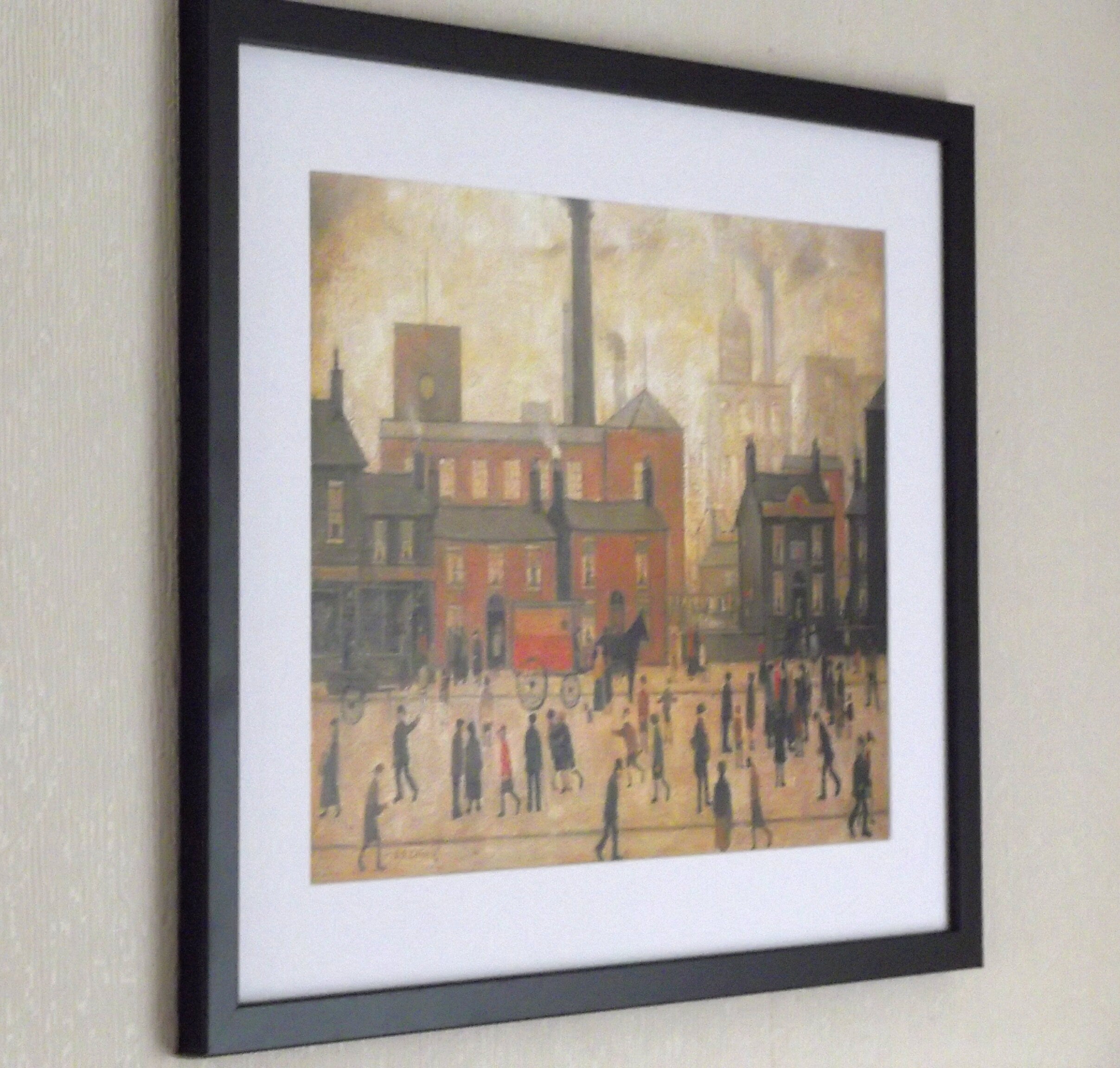 L S Lowry AUTHENTIC Art Print - Coming Home From The Mill - Satin Black Frame with White Mount and Textured Image