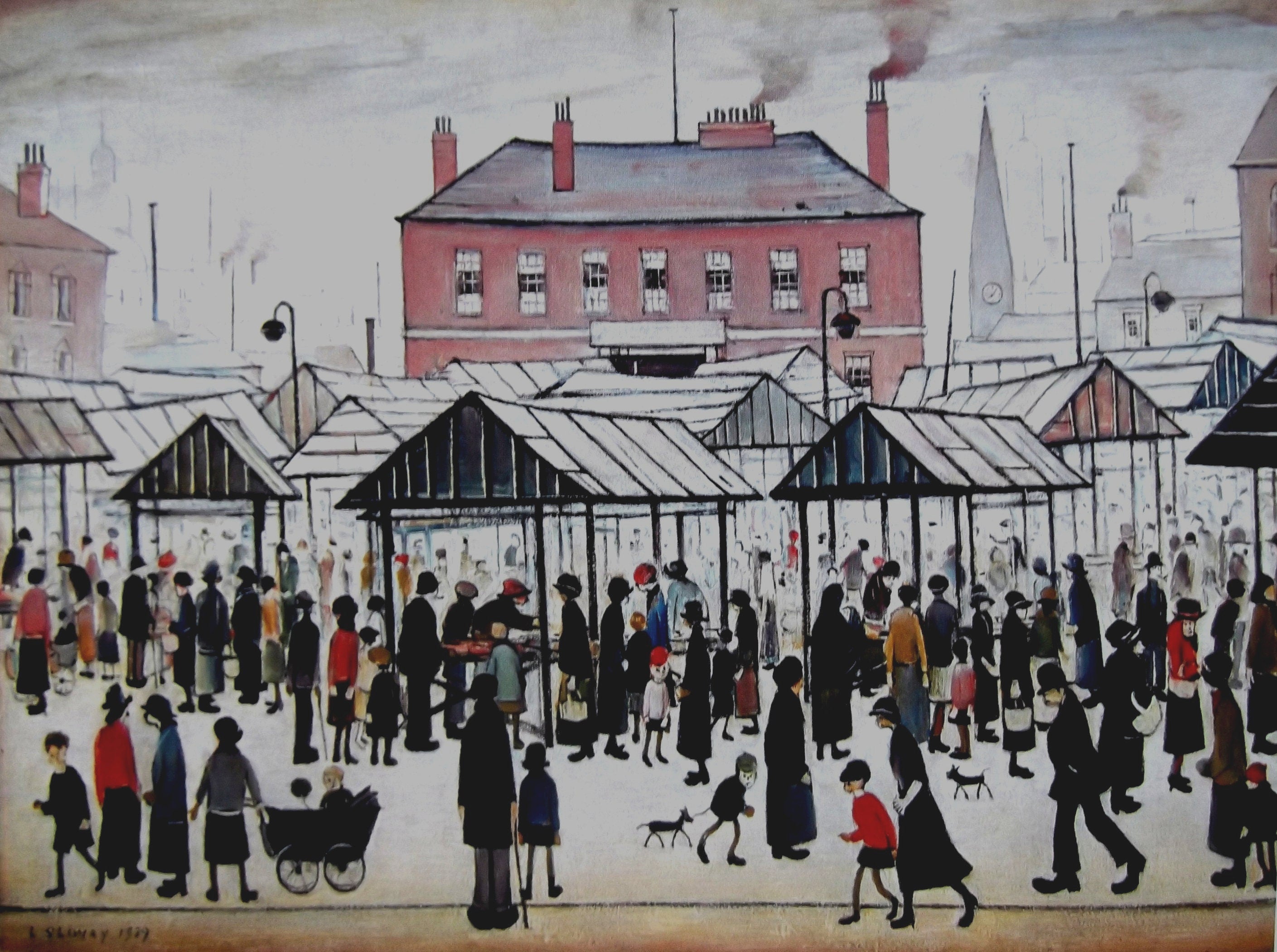 L S Lowry AUTHENTIC Print - MARKET SCENE- Textured Image with Fine Art Coating