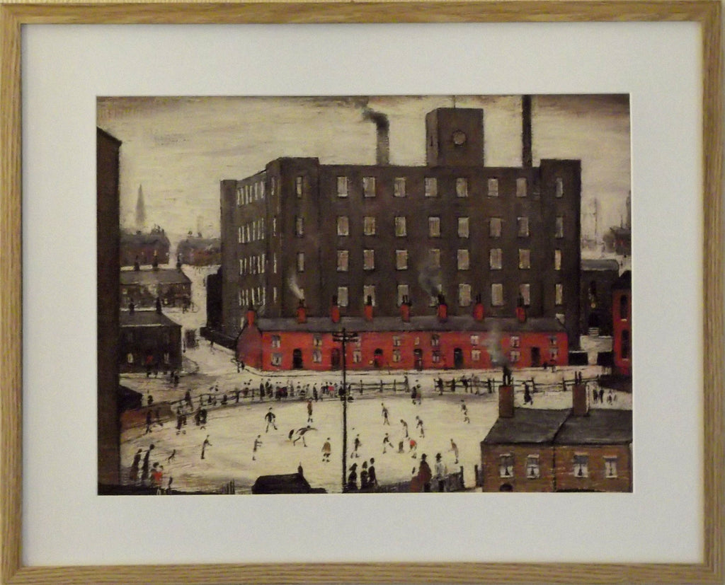 L S Lowry Art Print - CRICKET MATCH - Light Oak Finish Frame with White mount and Textured Image