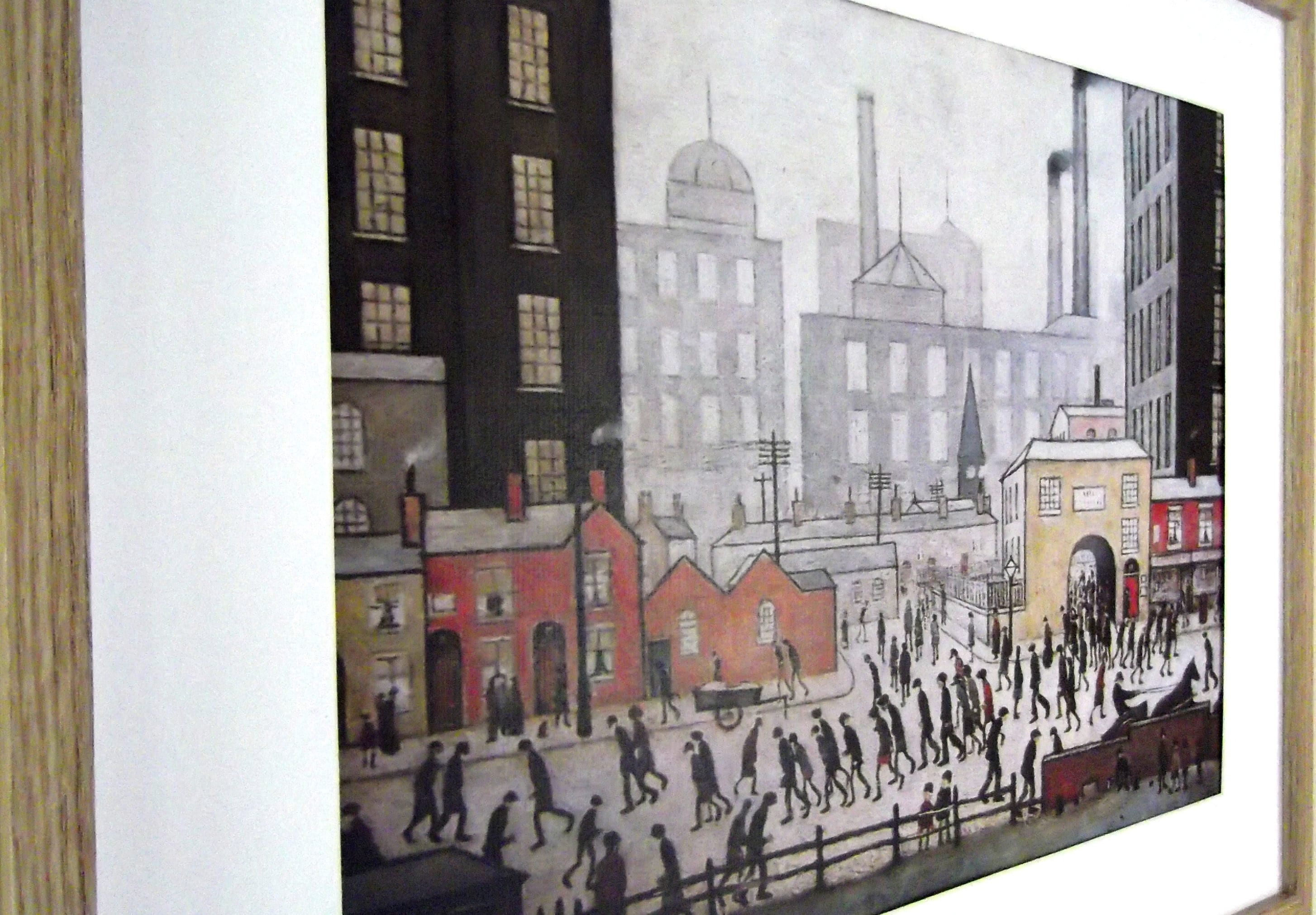 L S Lowry Art Print - Coming from the Mill - Light Oak Finish Frame with White mount and Textured Image