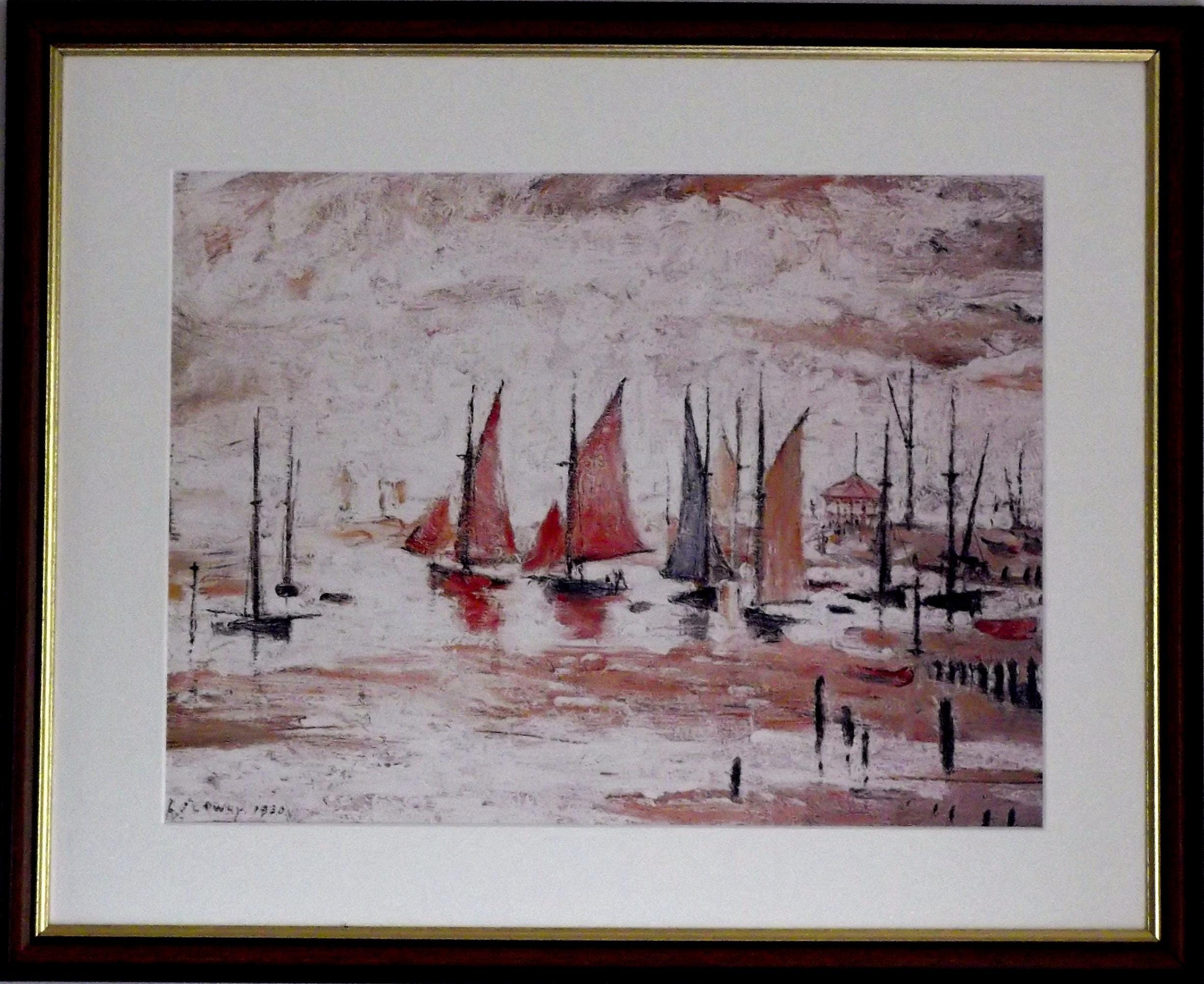 L S Lowry Art Print - SAIL BOATS - Walnut Finish Frame with White Mount and Textured Image