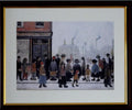 L S Lowry Print – Waiting for Shop to Open - Walnut Finish Frame with Mount and Textured Image