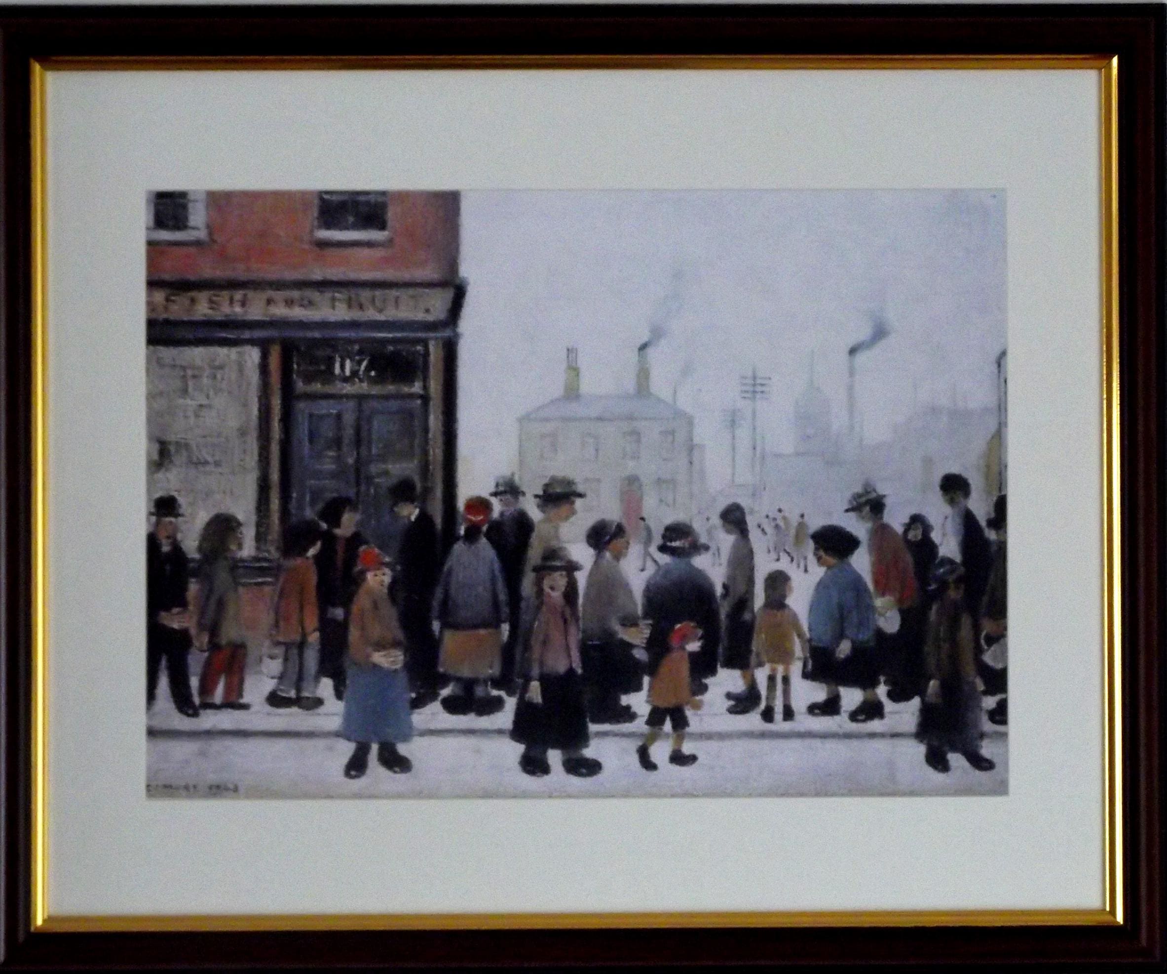 L S Lowry Print – Waiting for Shop to Open - Walnut Finish Frame with Mount and Textured Image