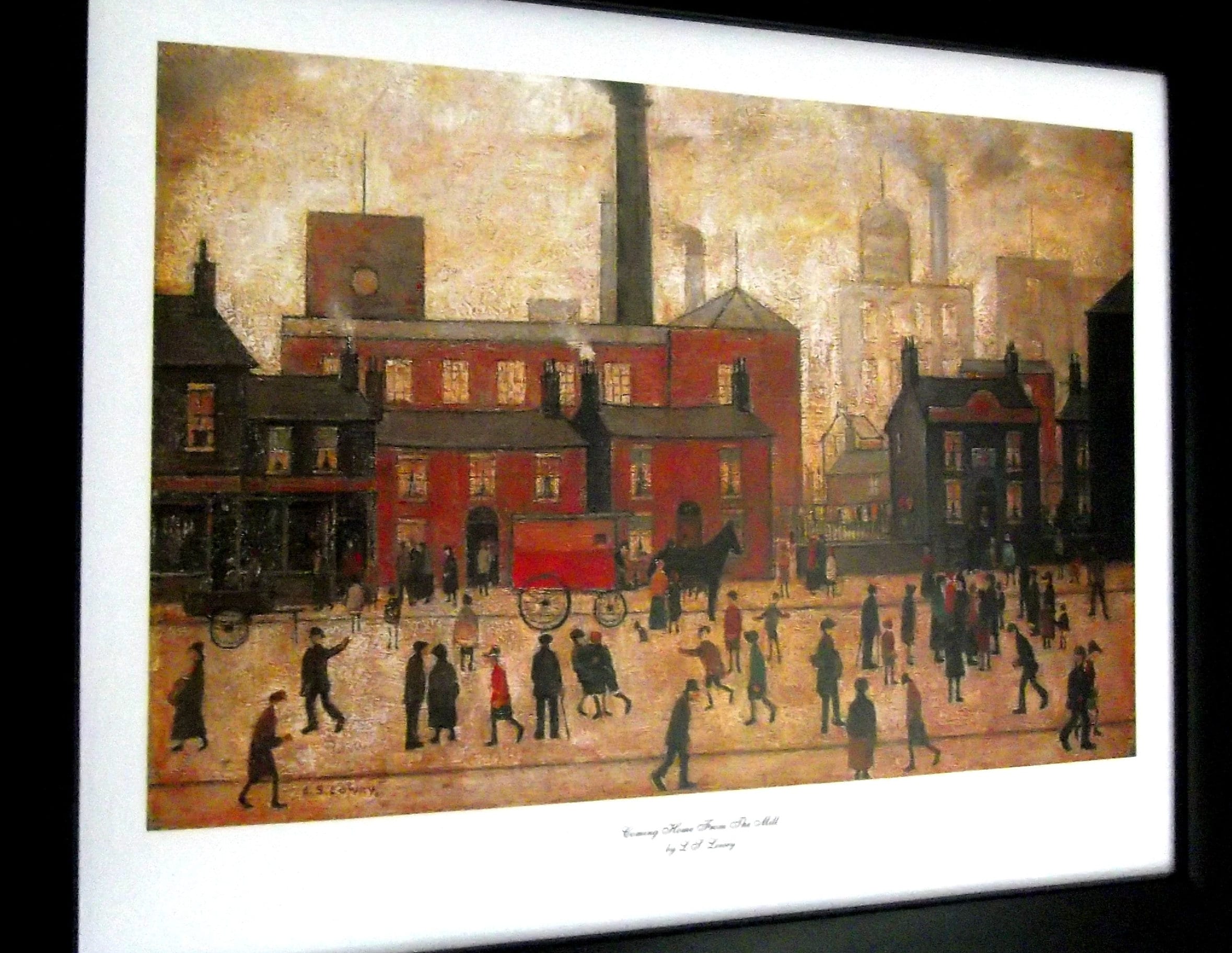 L S Lowry Art Print - Coming Home From The Mill - Satin Black Frame with White Mount and Textured Image