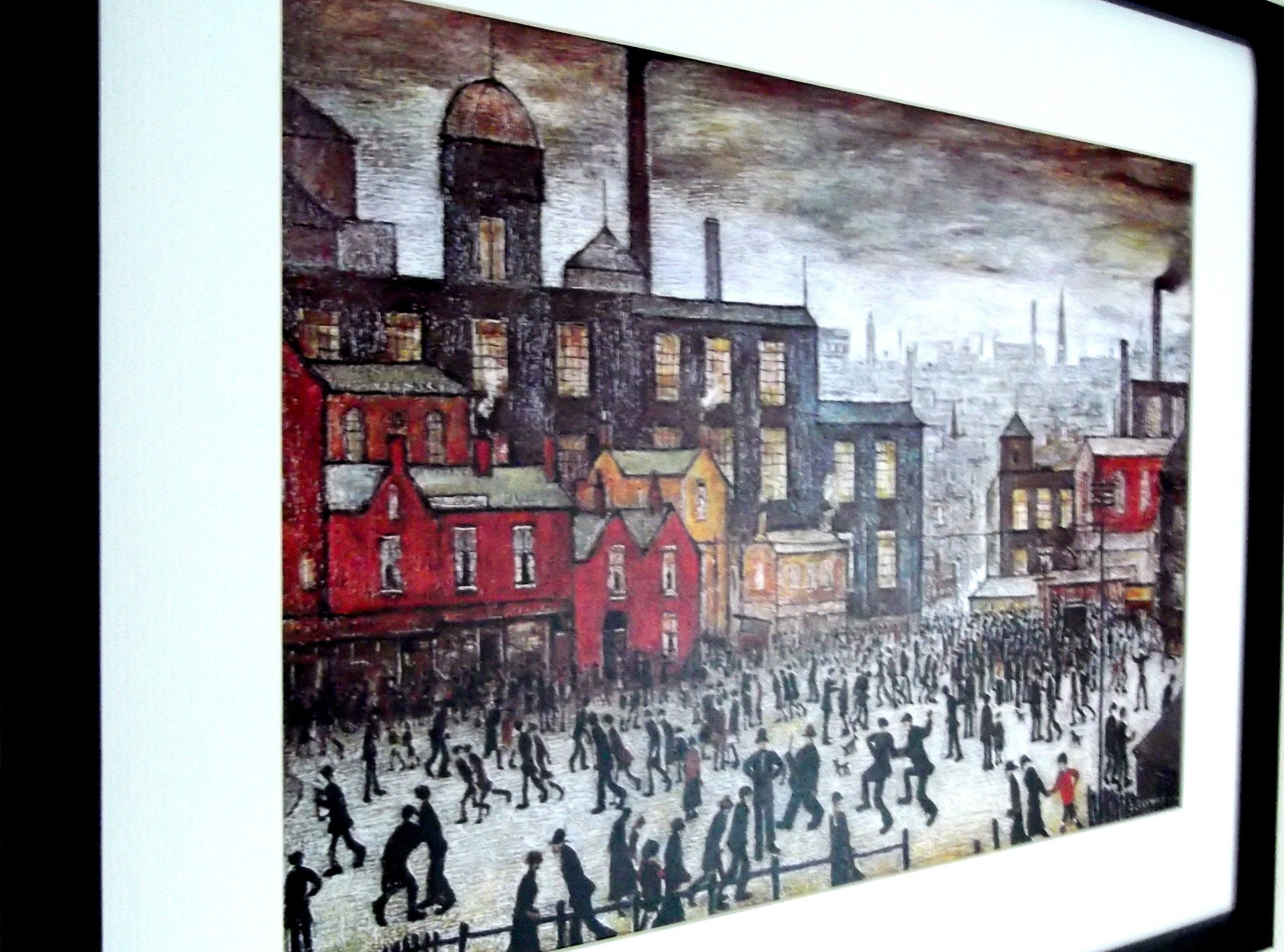 L S Lowry AUTHENTIC Art Print - OUR TOWN - Satin Black Frame with White Mount and Textured Image