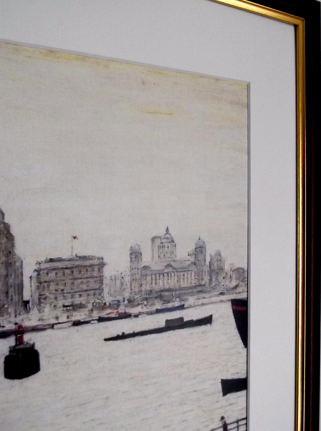 L S Lowry Art Print - LIVER BUILDING - Walnut Finish Frame with White Mount and Textured Image