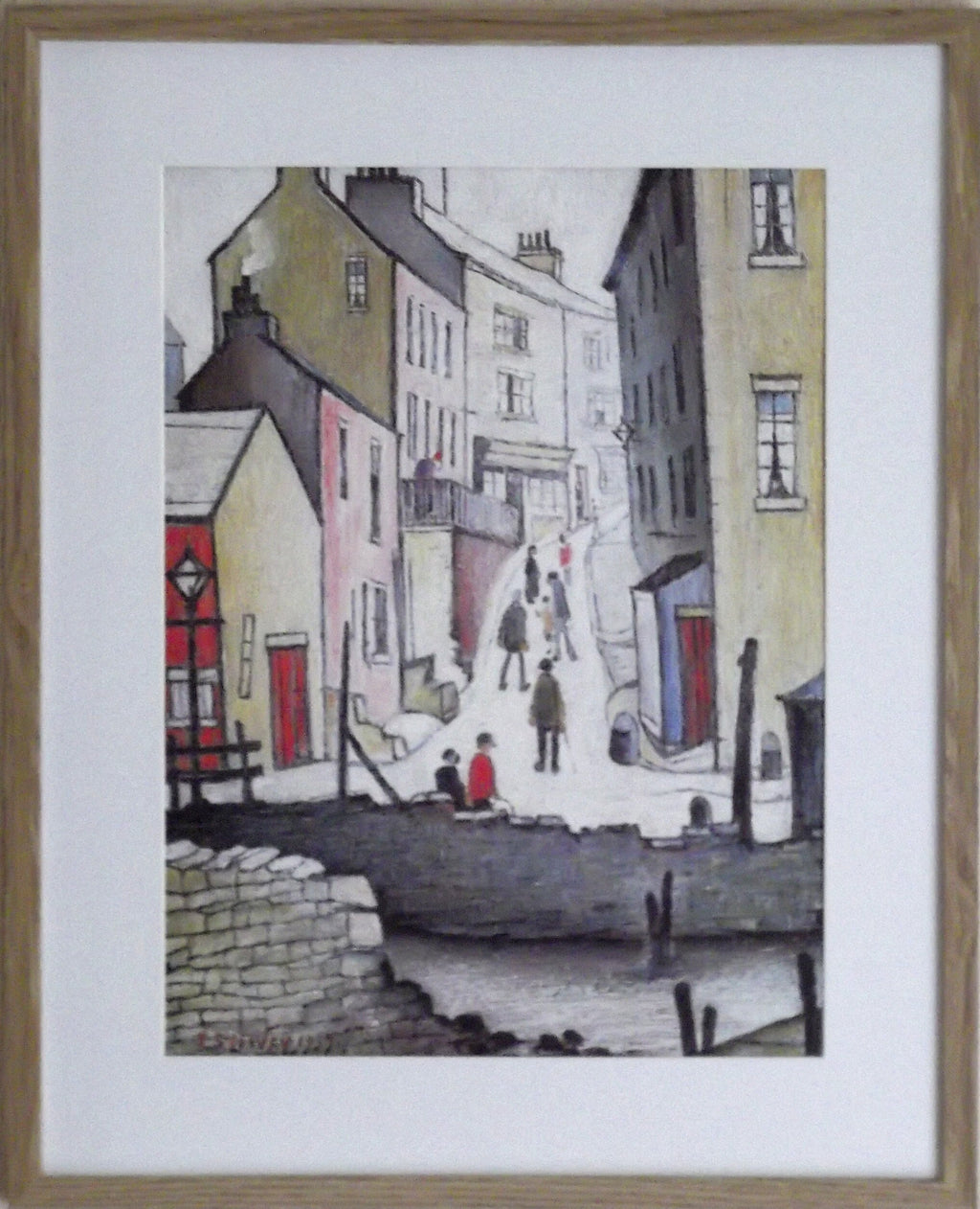 L S Lowry Art Print - Old Town River Scene - Light Oak Finish Frame with White mount and Textured Image