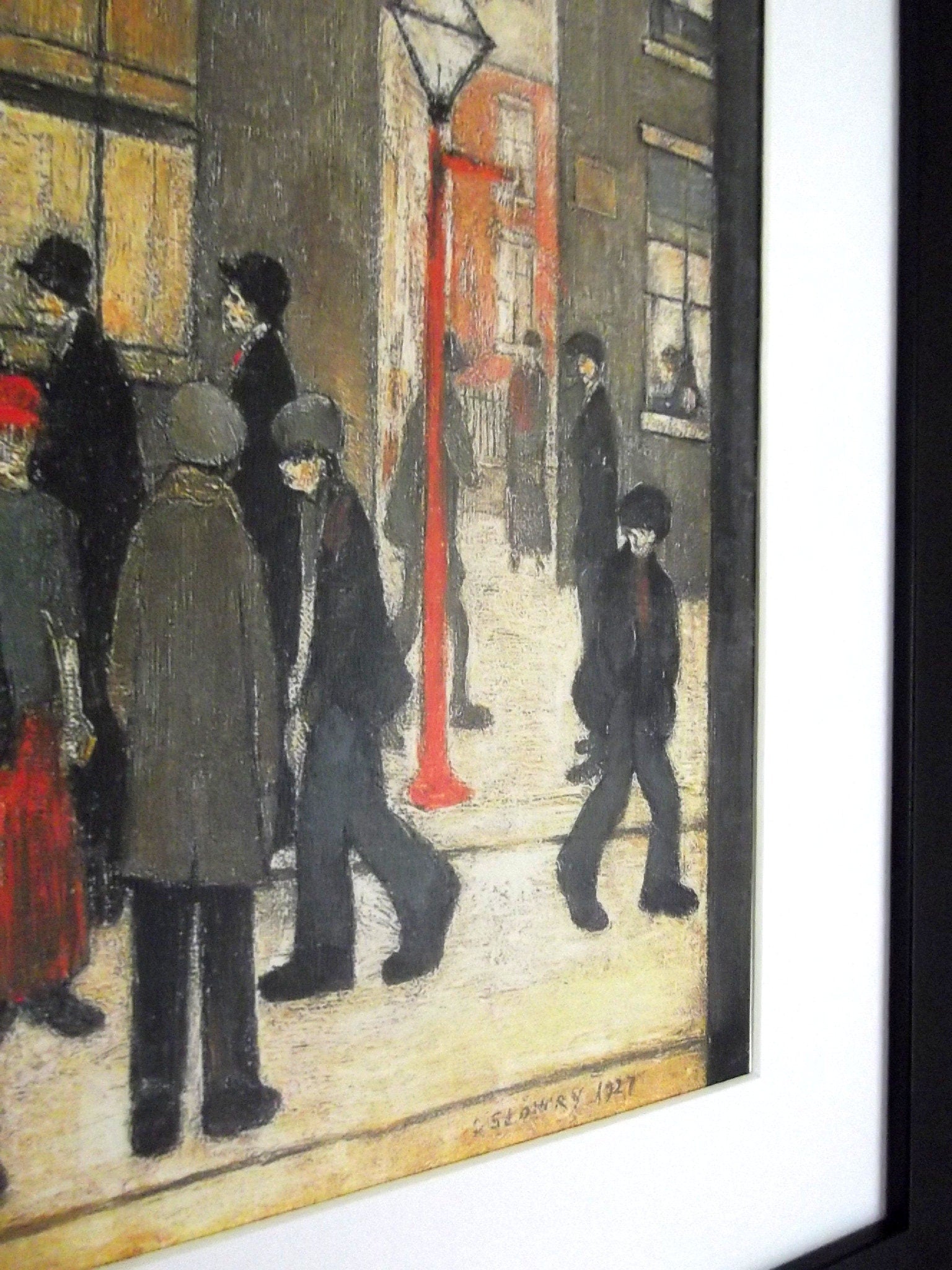 L S Lowry Art Print - THE ARREST - Satin Black Frame with White mount and Textured Image