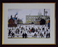 L S Lowry AUTHENTIC Art Print - Mill Scene with Figures - Walnut Finish Frame with White mount and Textured Image
