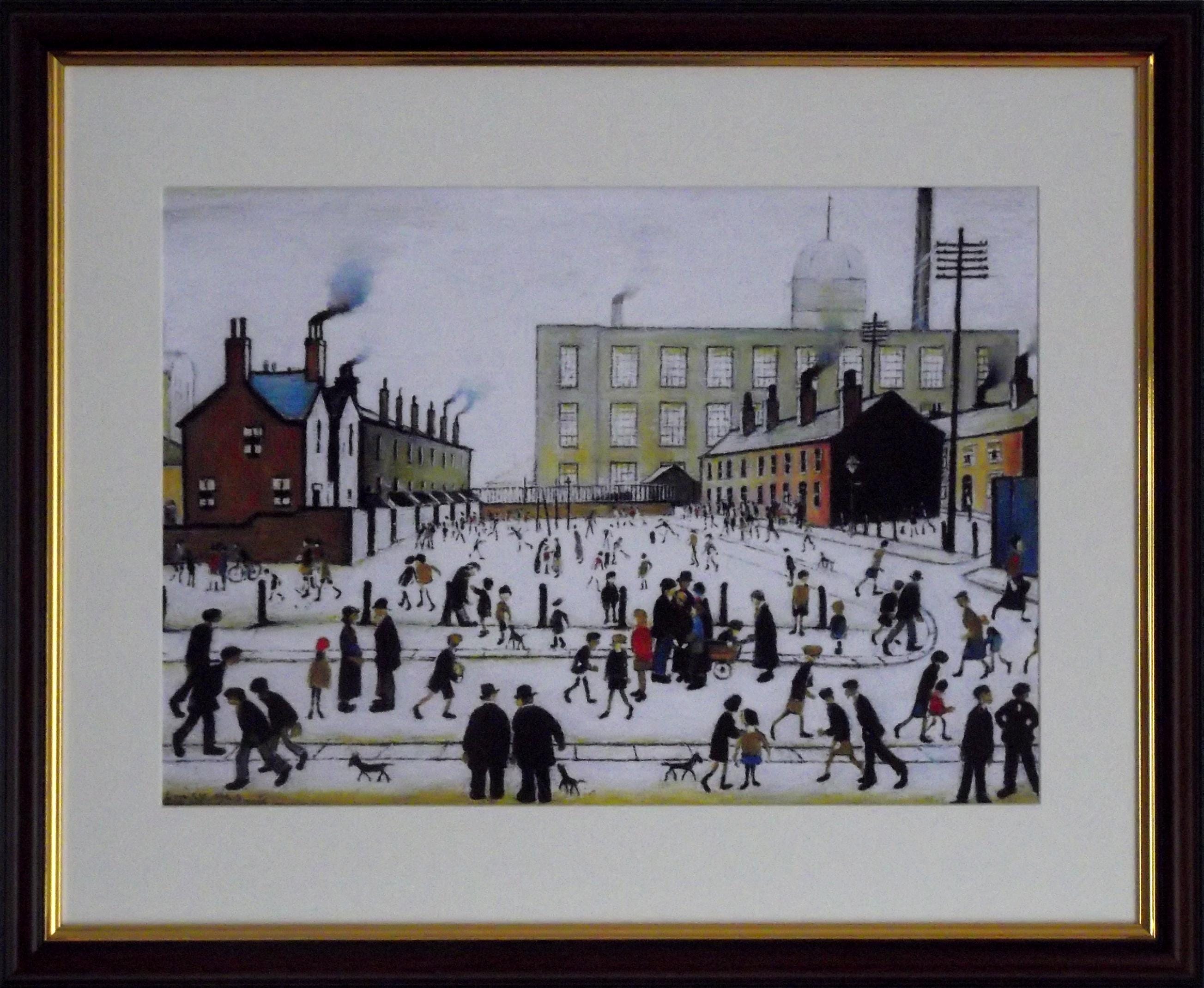 L S Lowry AUTHENTIC Art Print - Mill Scene with Figures - Walnut Finish Frame with White mount and Textured Image
