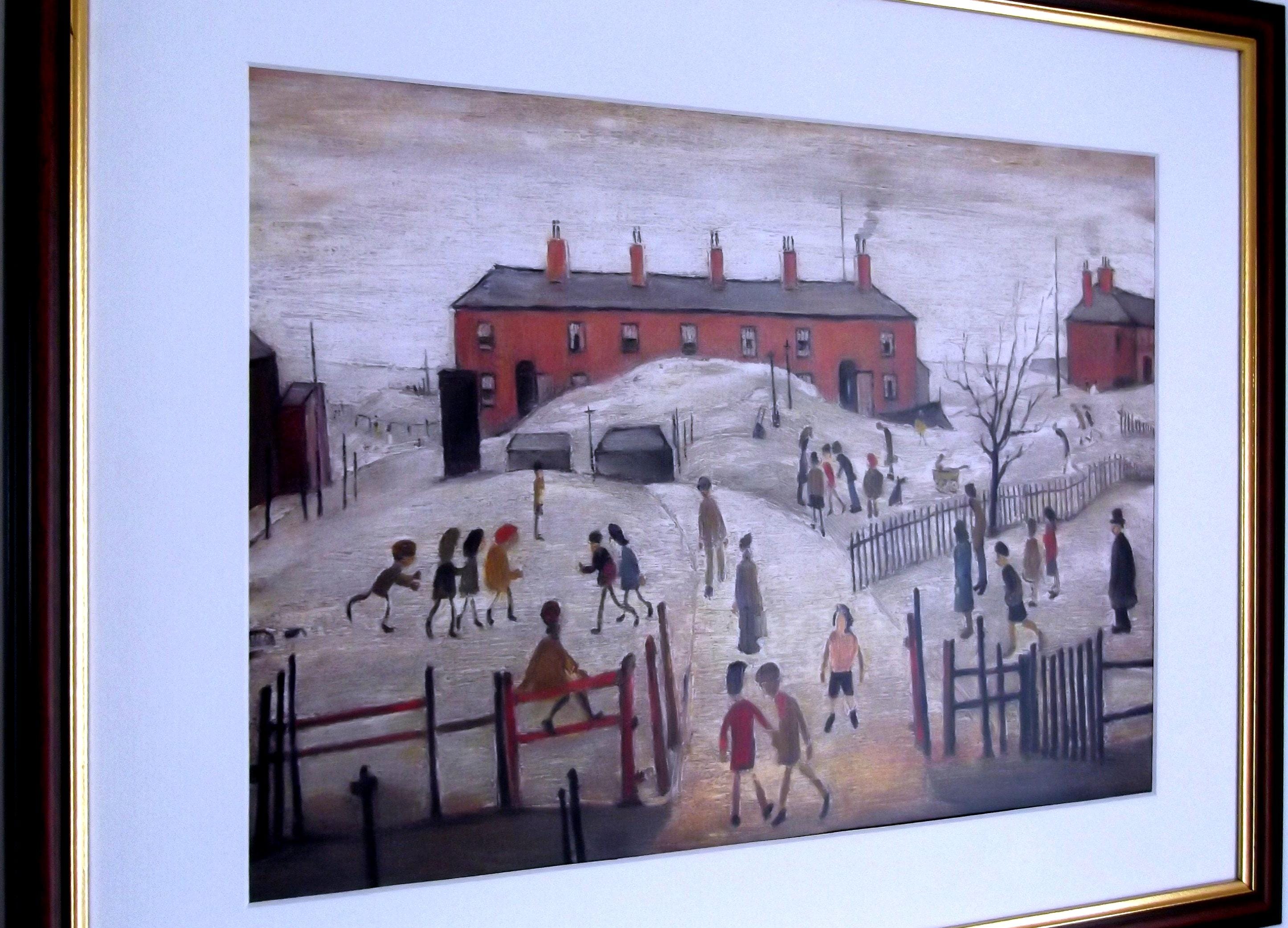 L S Lowry Art Print - School Playground - Walnut Finish Frame with White mount and Textured Image