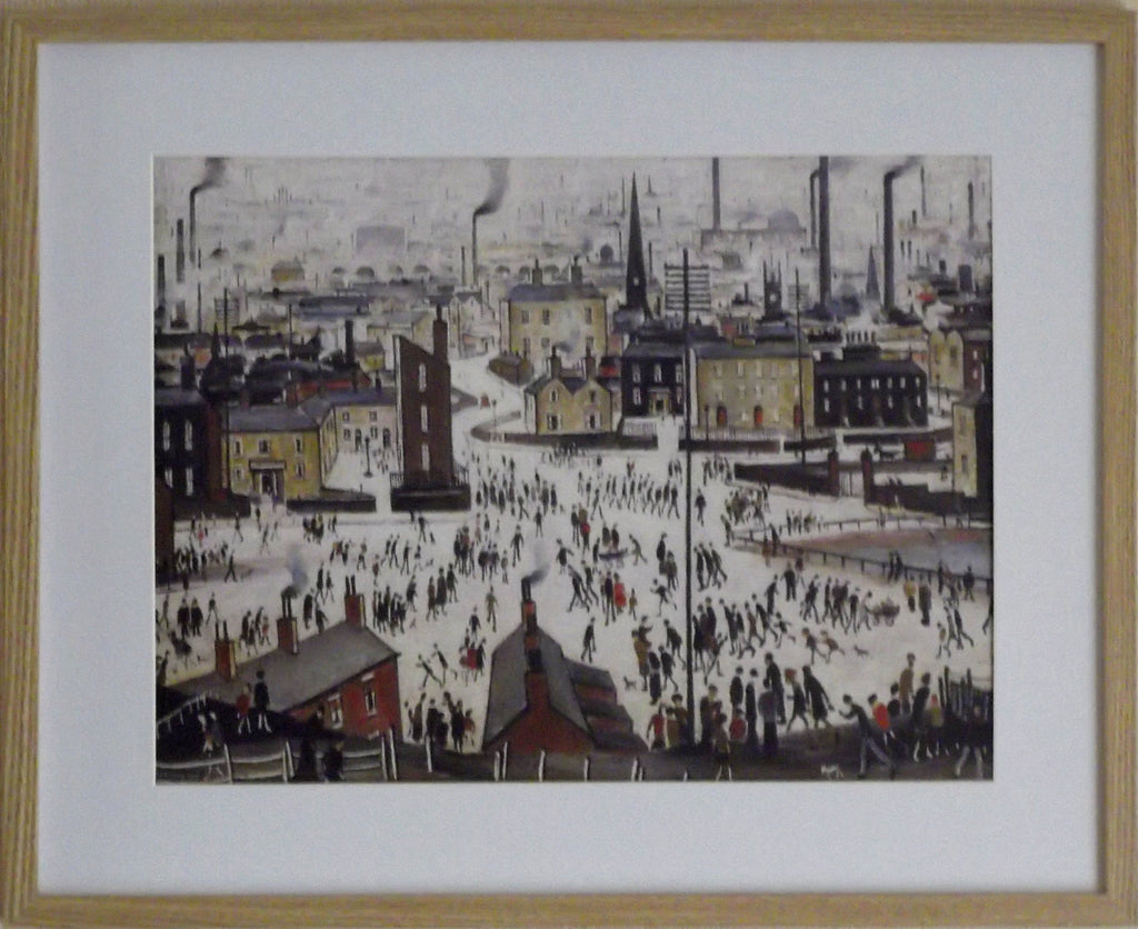 L S Lowry Art Print - LANCASHIRE Town - Light Oak Finish Frame with White mount and Textured Image