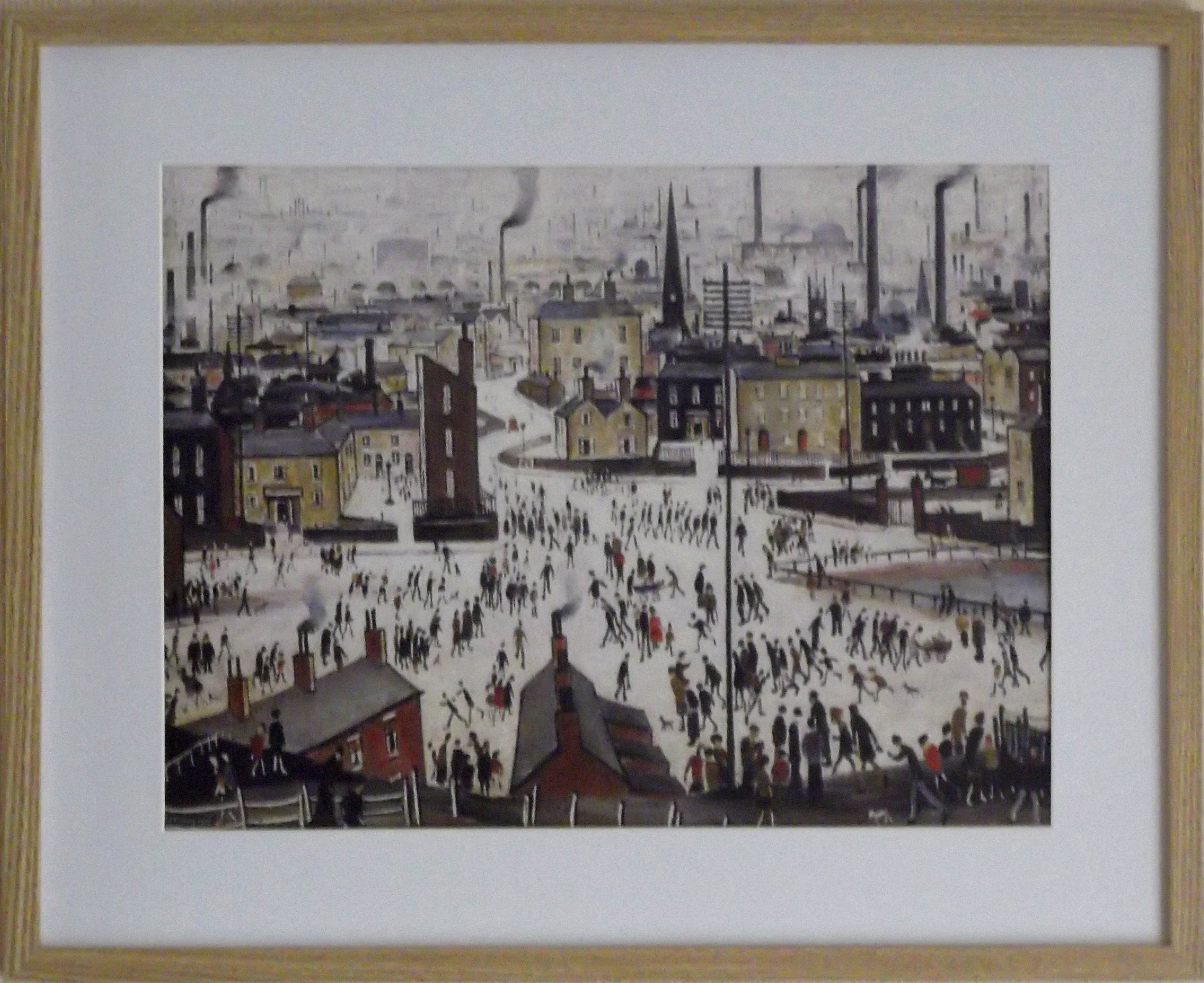 L S Lowry Art Print - LANCASHIRE Town - Light Oak Finish Frame with White mount and Textured Image