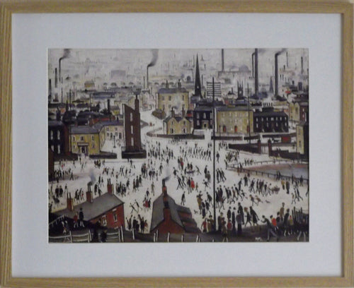 L S Lowry Art Print - LANCASHIRE Town - Light Oak Finish Frame with White mount and Textured Image