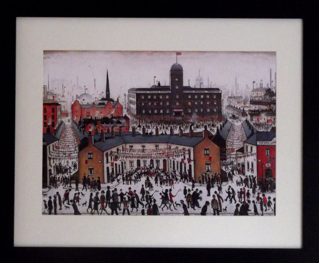 L S Lowry Print - V E DAY - Black Frame with Mount and Textured Art Paper