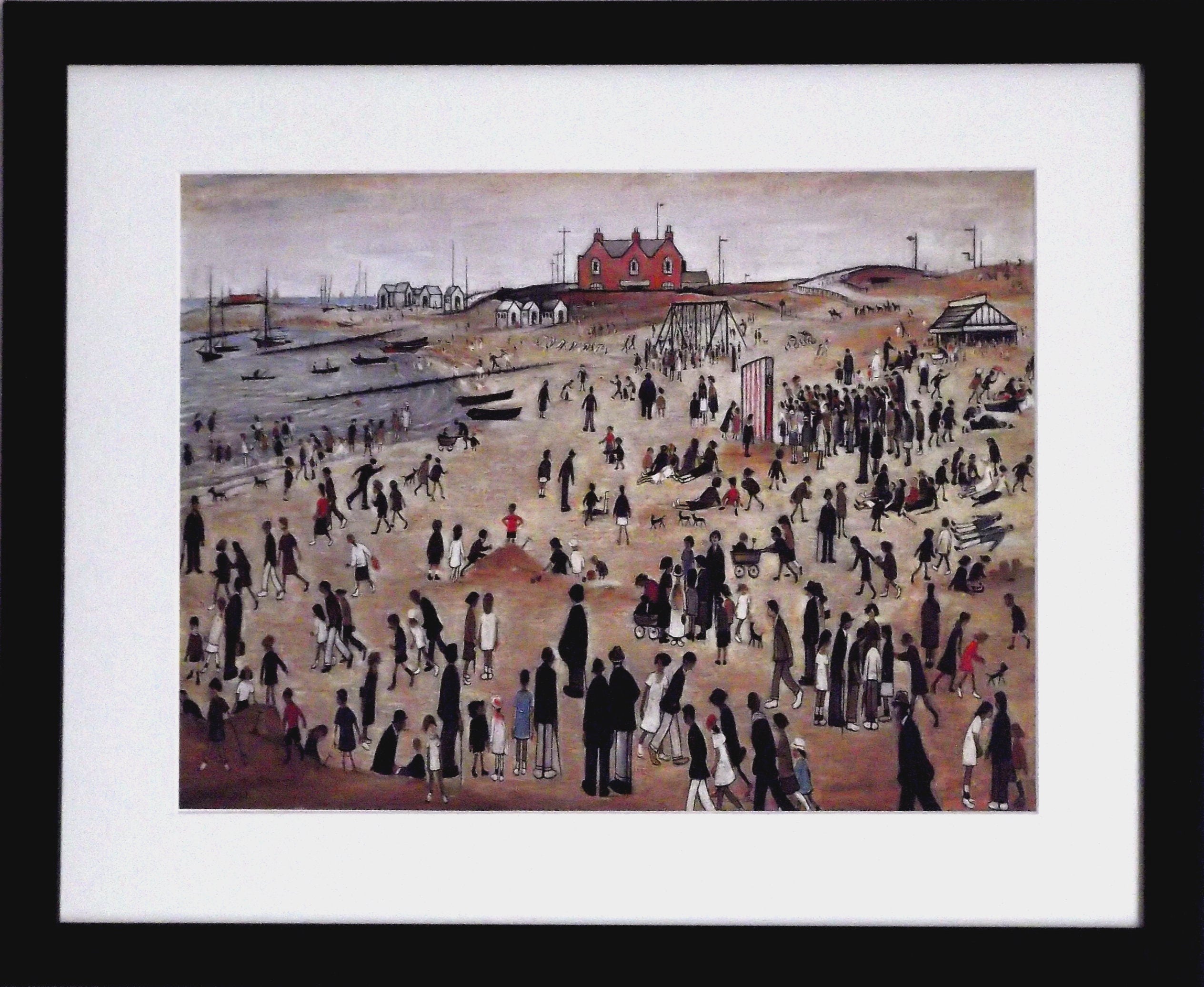 L S Lowry Art Print - THE SEASIDE - Satin Black Frame with White Mount and Textured Image