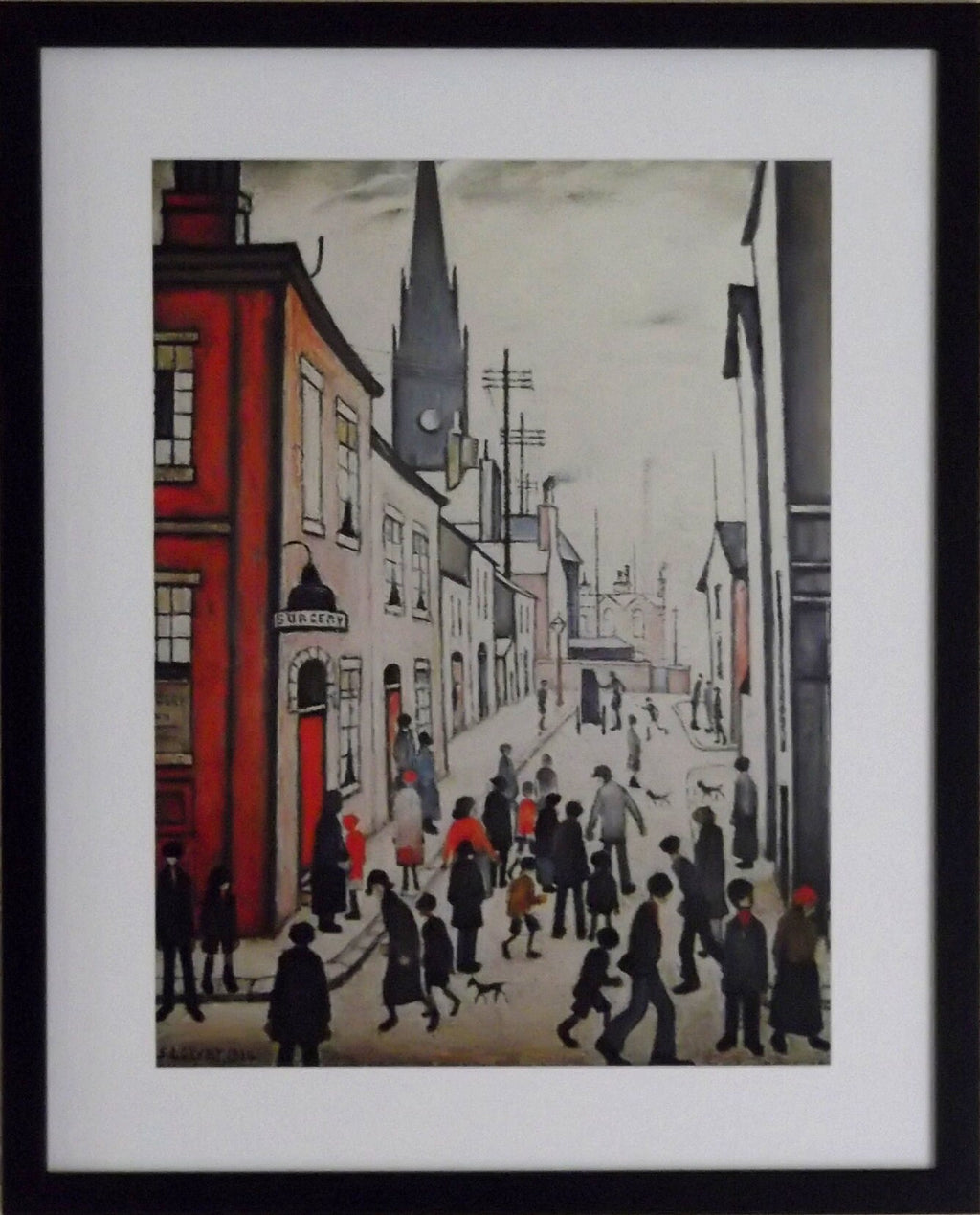 L S Lowry AUTHENTIC Art Print - ORGAN GRINDER - Black Frame with Mount and Textured Image