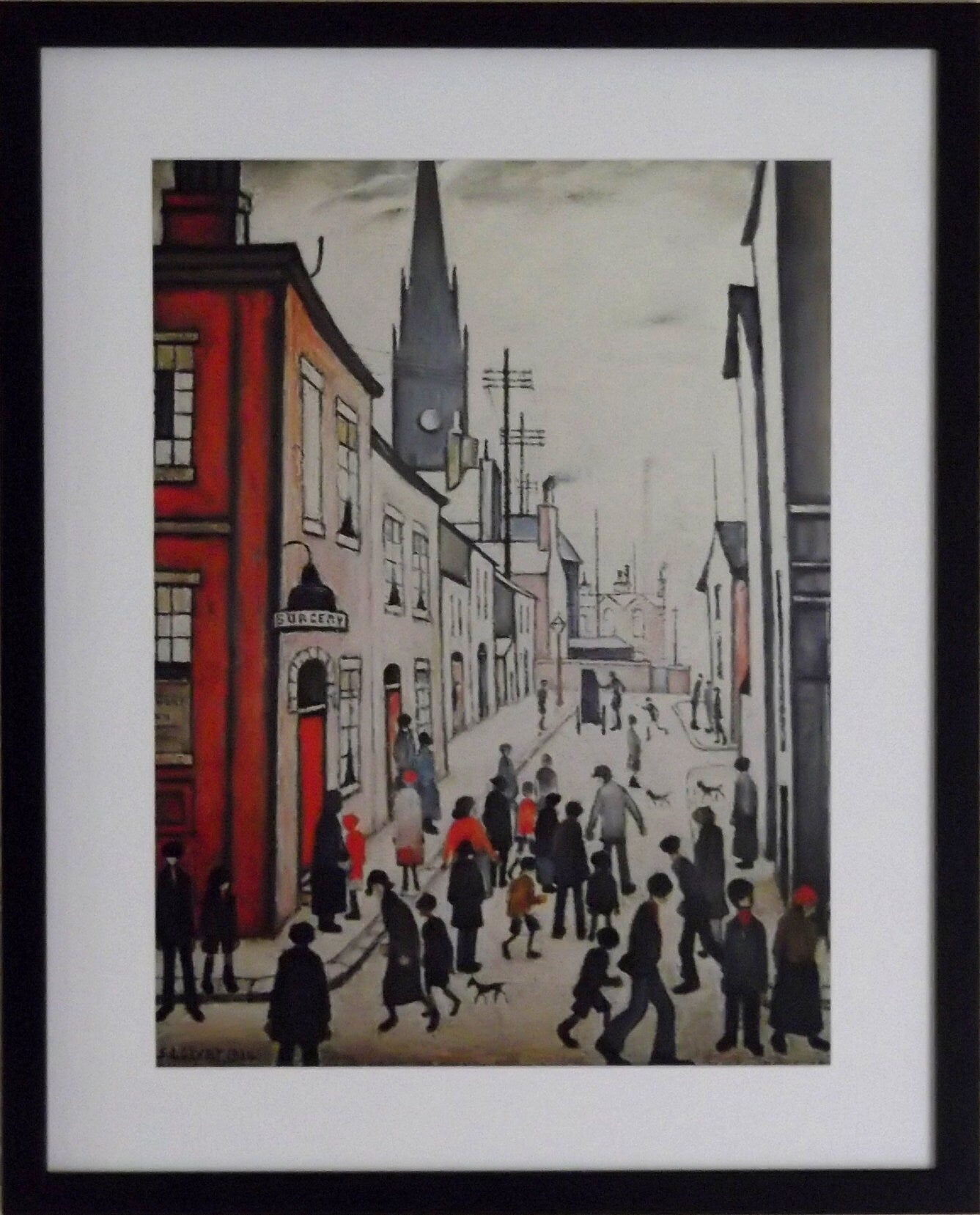L S Lowry AUTHENTIC Art Print - ORGAN GRINDER - Black Frame with Mount and Textured Image