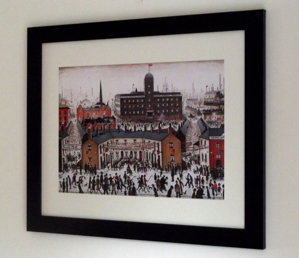 L S Lowry Print - V E DAY - Black Frame with Mount and Textured Art Paper