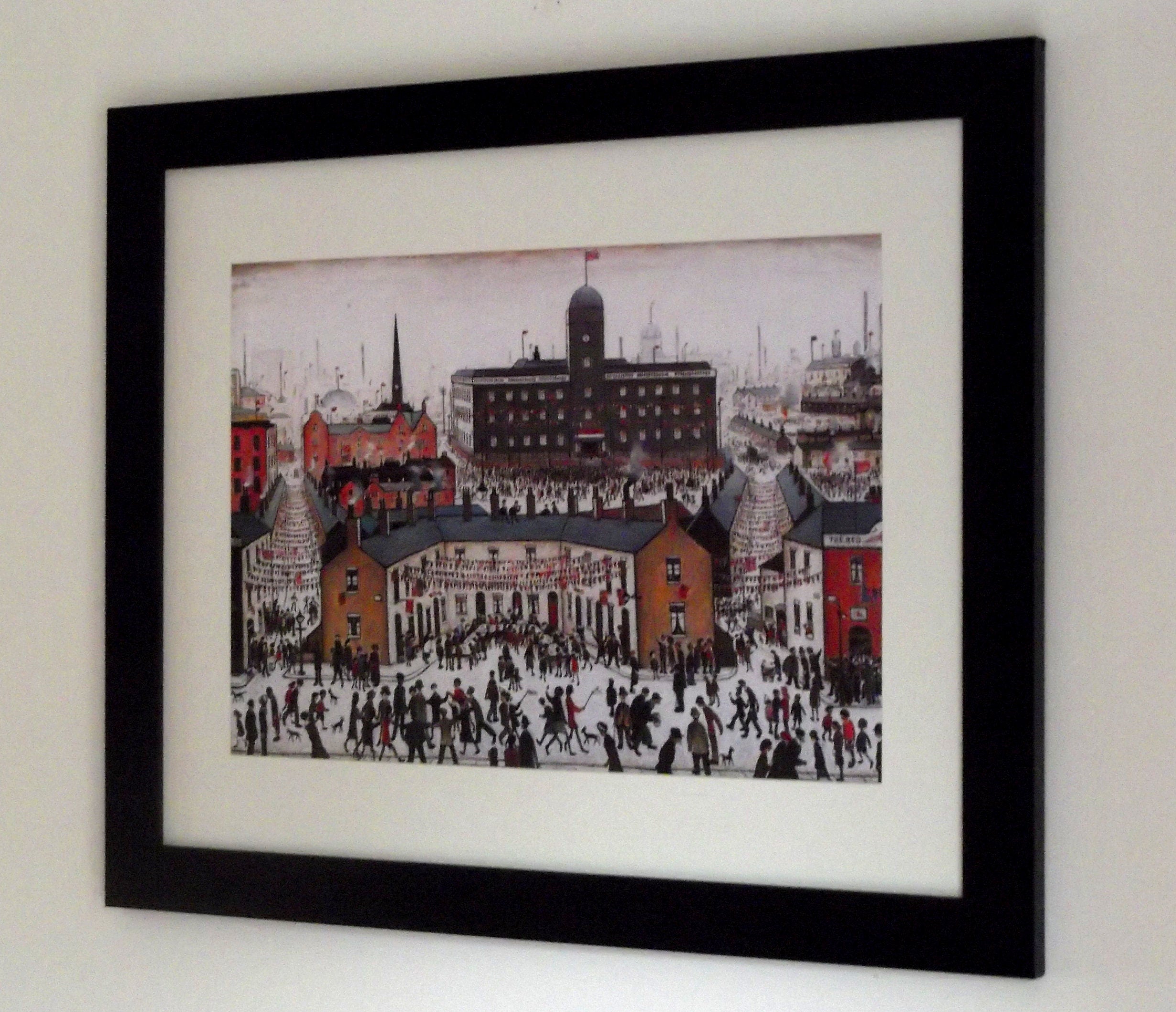 L S Lowry Print - V E DAY - Black Frame with Mount and Textured Art Paper