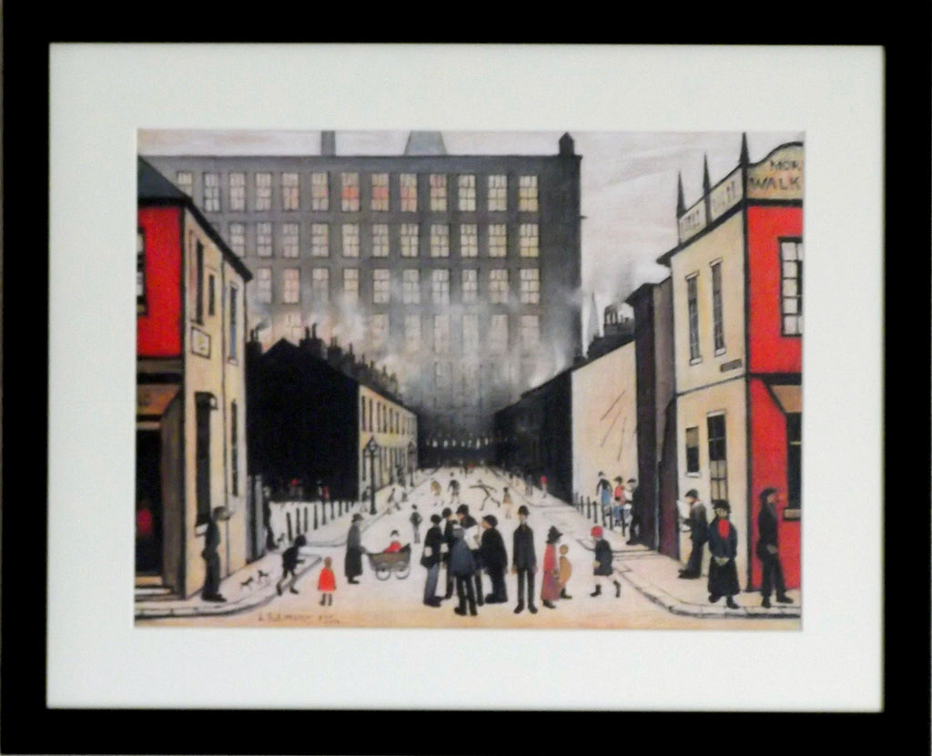 L S Lowry Art Print - Street Scene PENDLEBURY - Satin Black Frame with White mount and Textured Image