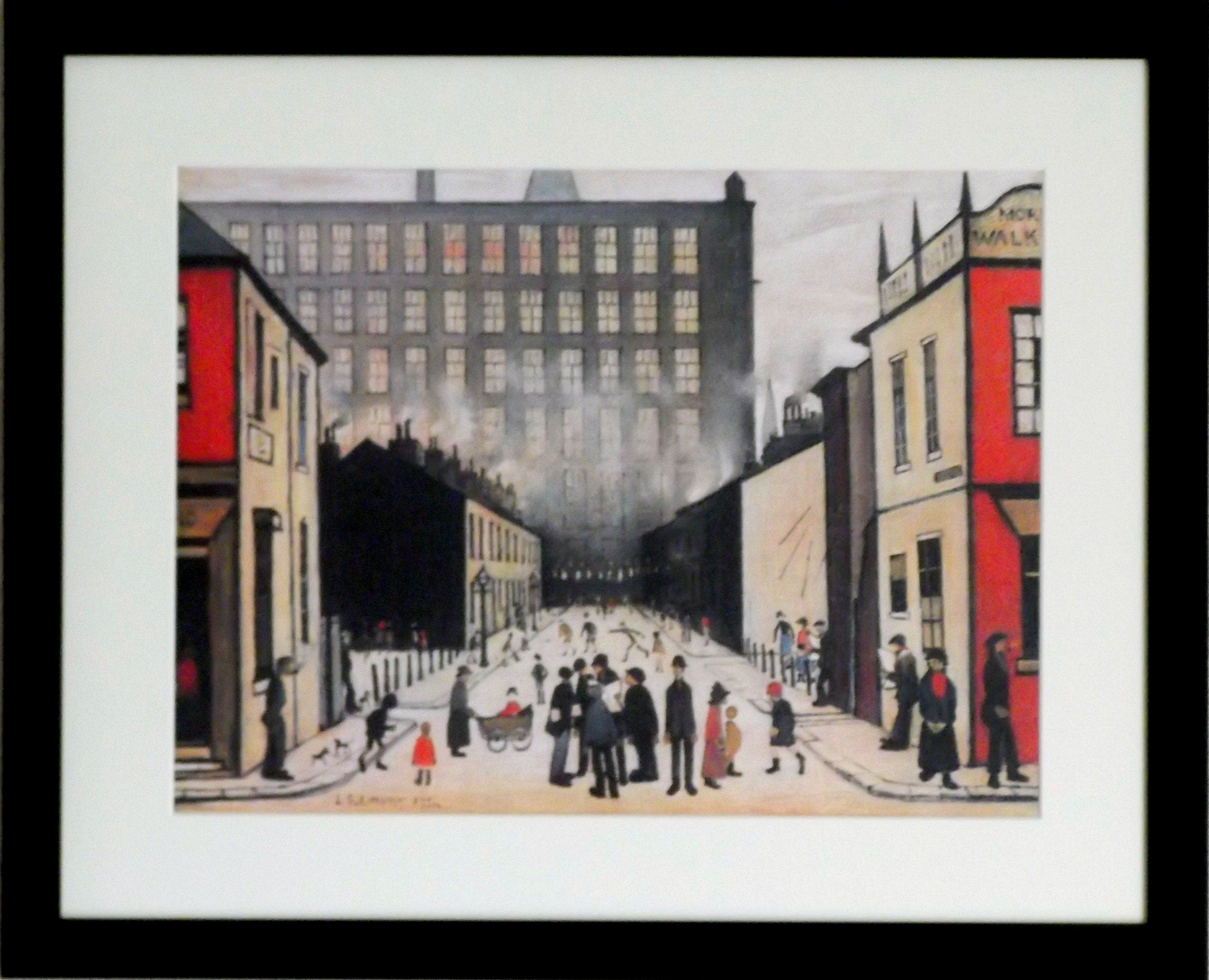 L S Lowry Art Print - Street Scene PENDLEBURY - Satin Black Frame with White mount and Textured Image