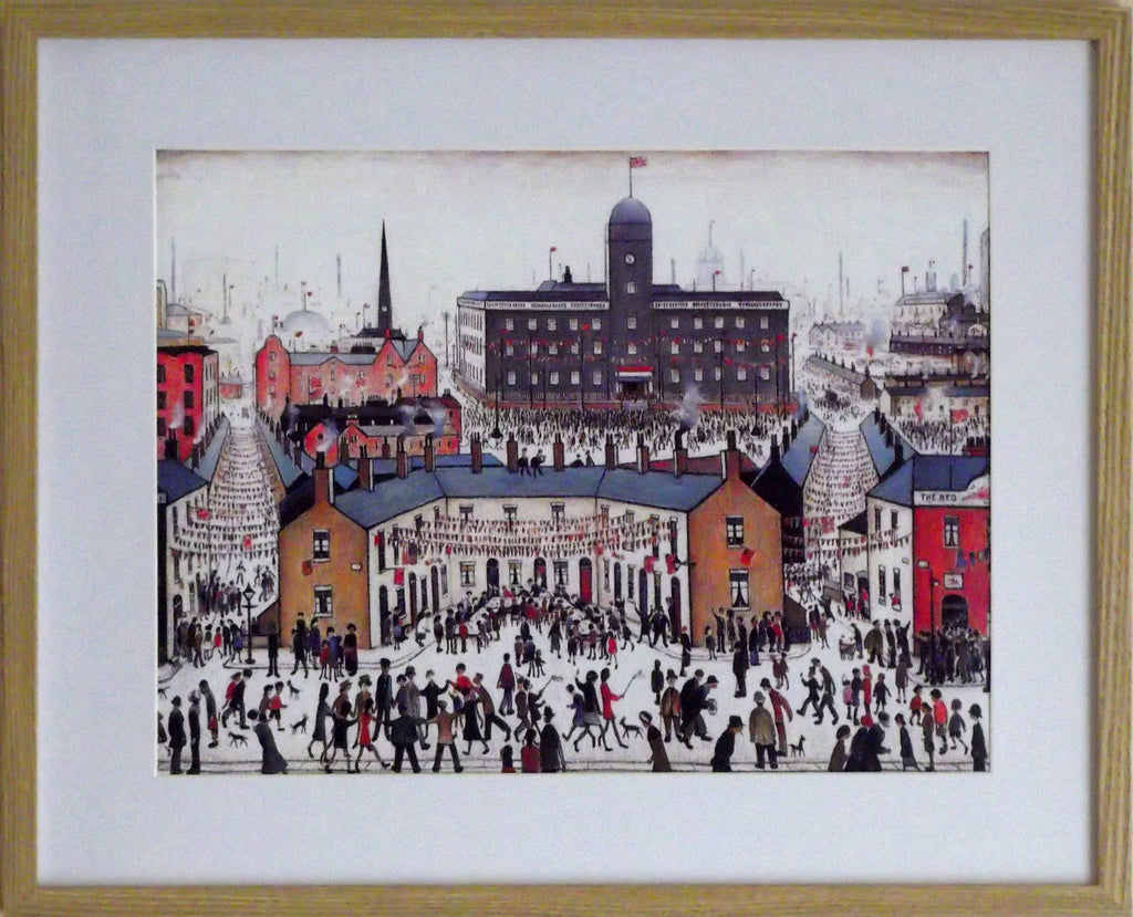 L S Lowry Print – V E Day - Oak Finish Frame with Mount and Textured Image