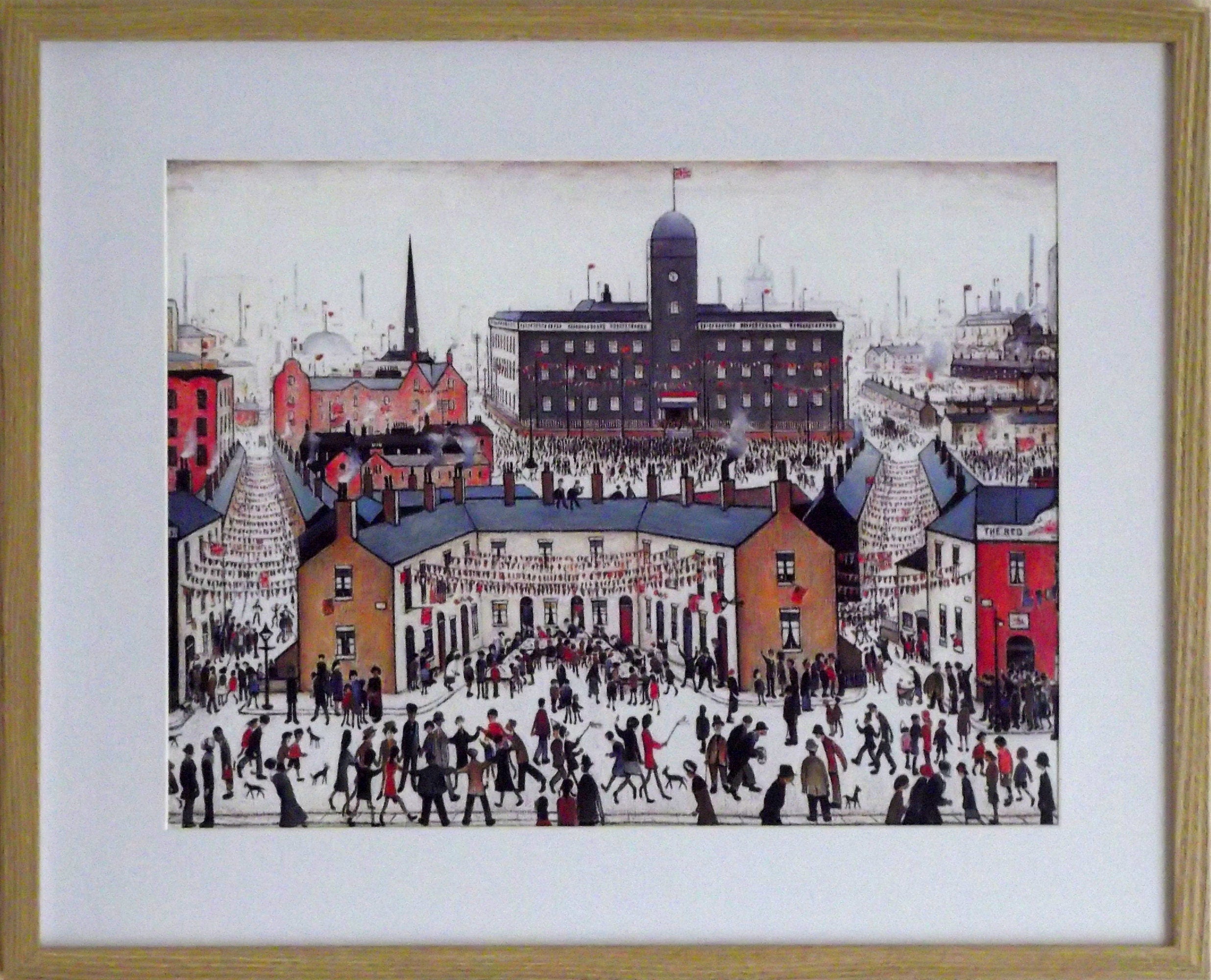 L S Lowry Print – V E Day - Oak Finish Frame with Mount and Textured Image