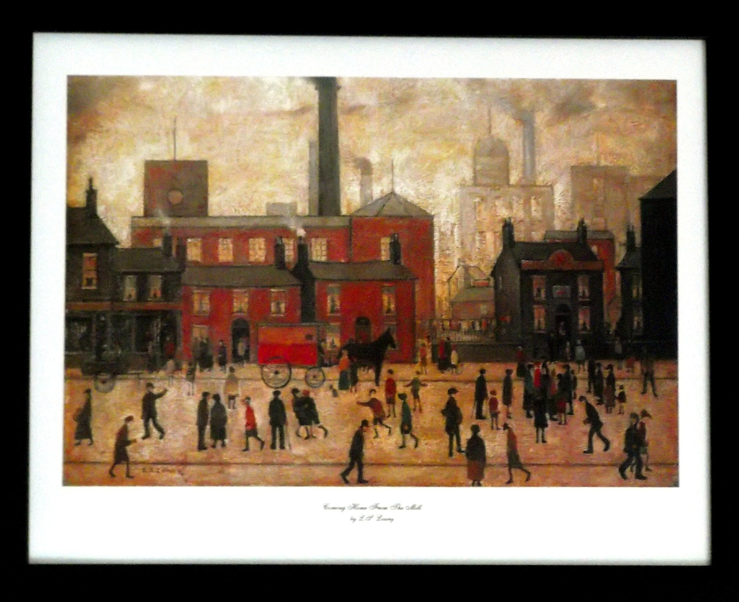 L S Lowry Art Print - Coming Home From The Mill - Satin Black Frame with White Mount and Textured Image