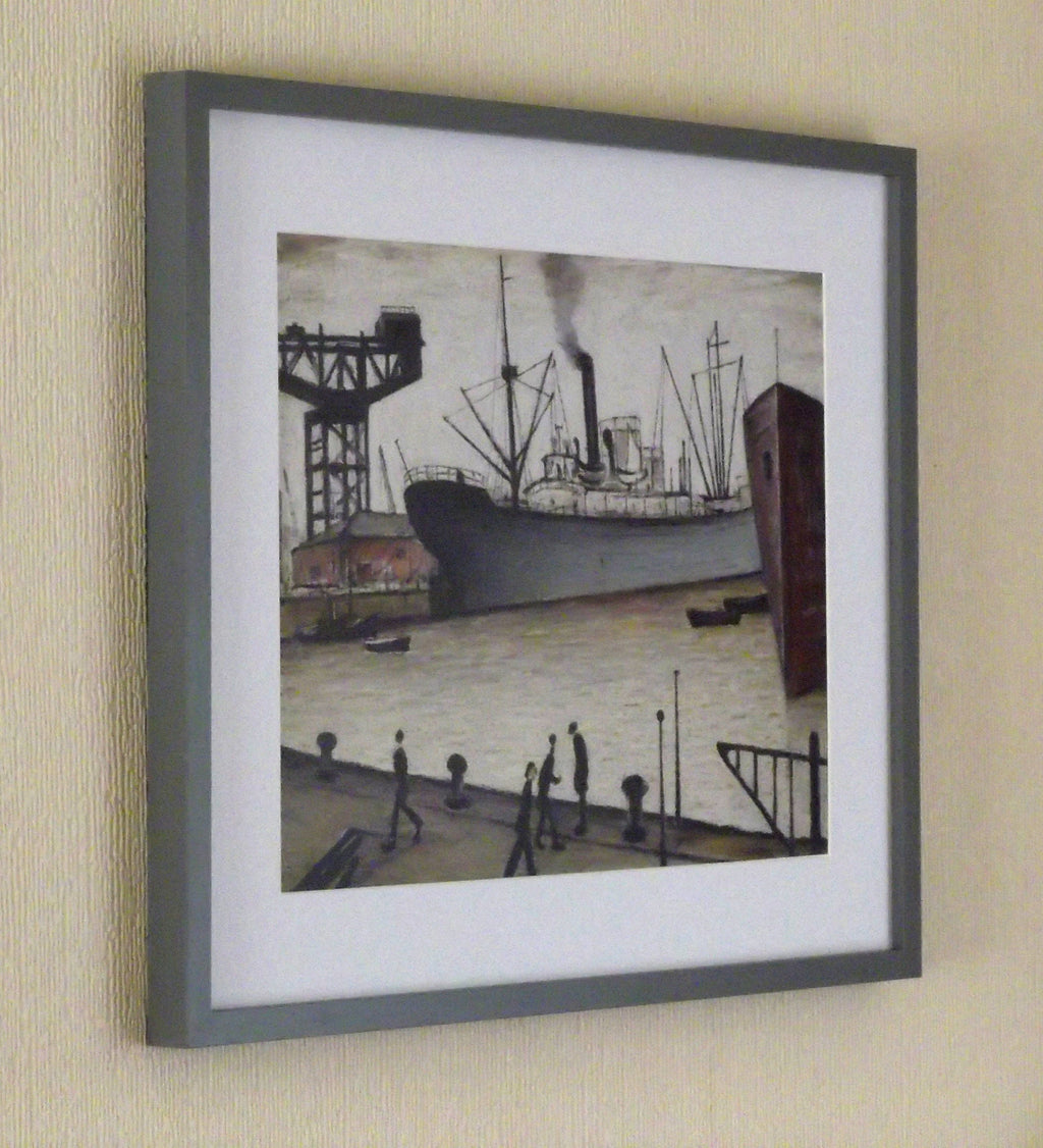 L S Lowry Print - Queens Dock GLASGOW - Grey Frame with White Mount and Textured Image
