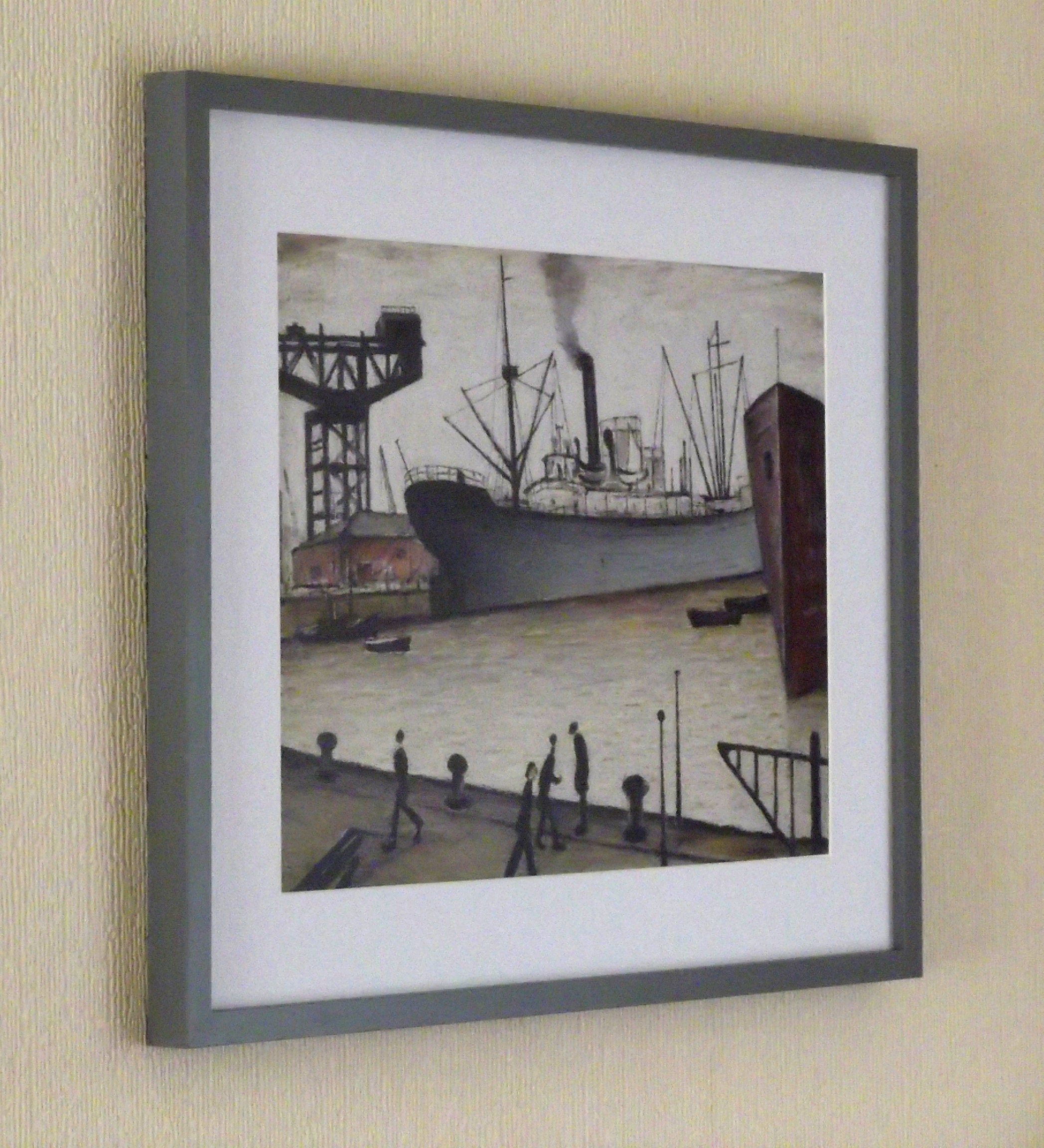 L S Lowry Print - Queens Dock GLASGOW - Grey Frame with White Mount and Textured Image
