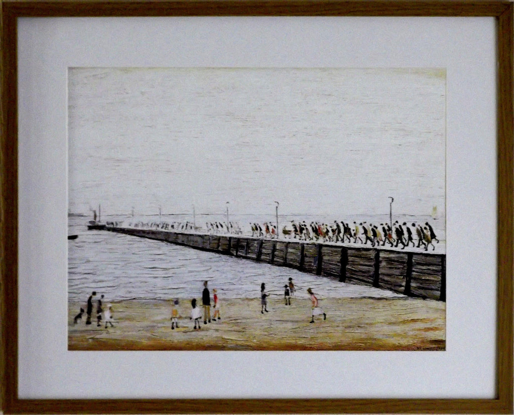 L S Lowry AUTHENTIC Art Print - Jetty at KNOTT END - Light Oak Finish Frame with White mount and Textured Image
