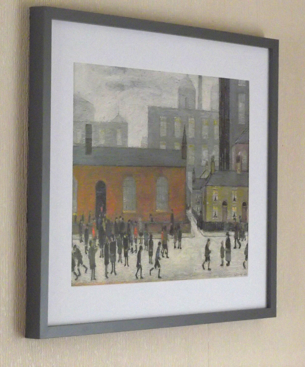 L S Lowry Print – Coming Out Of School - Grey Frame with Mount and Textured Image