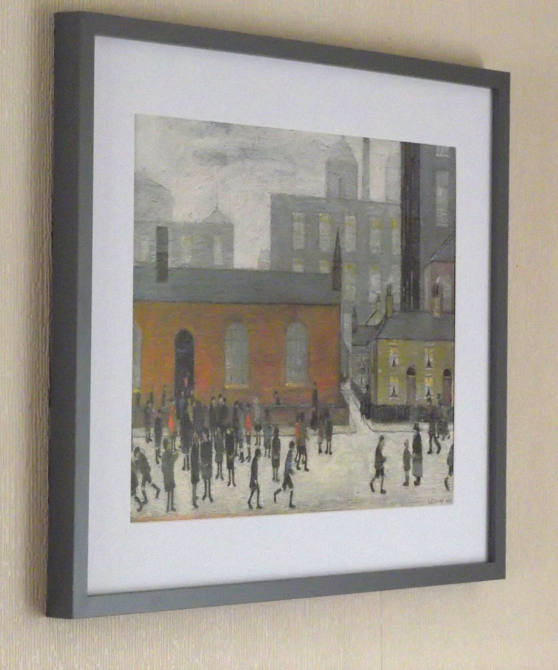L S Lowry Print – Coming Out Of School - Grey Frame with Mount and Textured Image