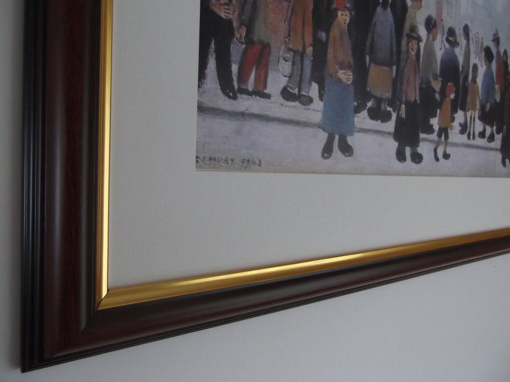 L S Lowry Print – Waiting for Shop to Open - Walnut Finish Frame with Mount and Textured Image