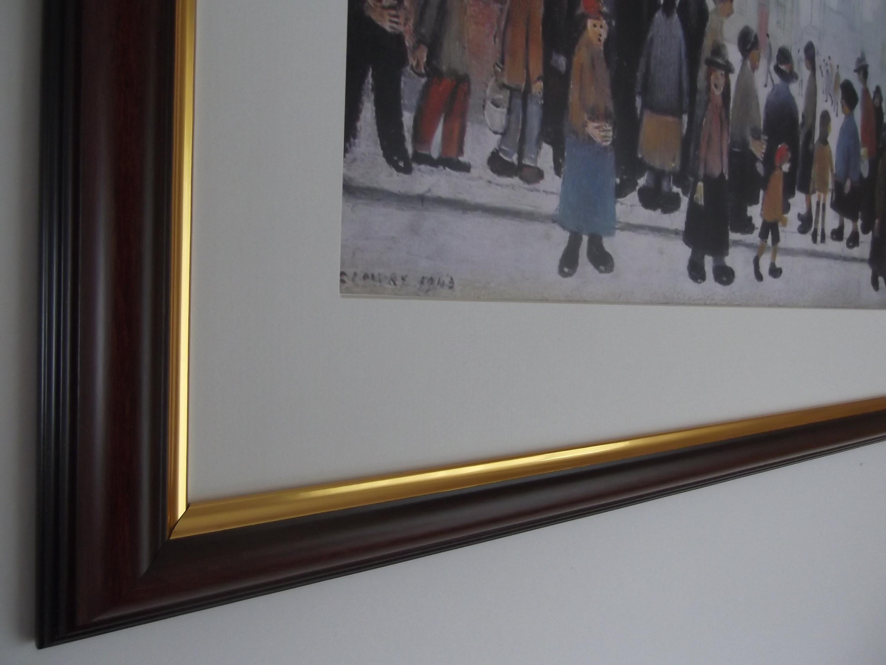 L S Lowry Print – Waiting for Shop to Open - Walnut Finish Frame with Mount and Textured Image