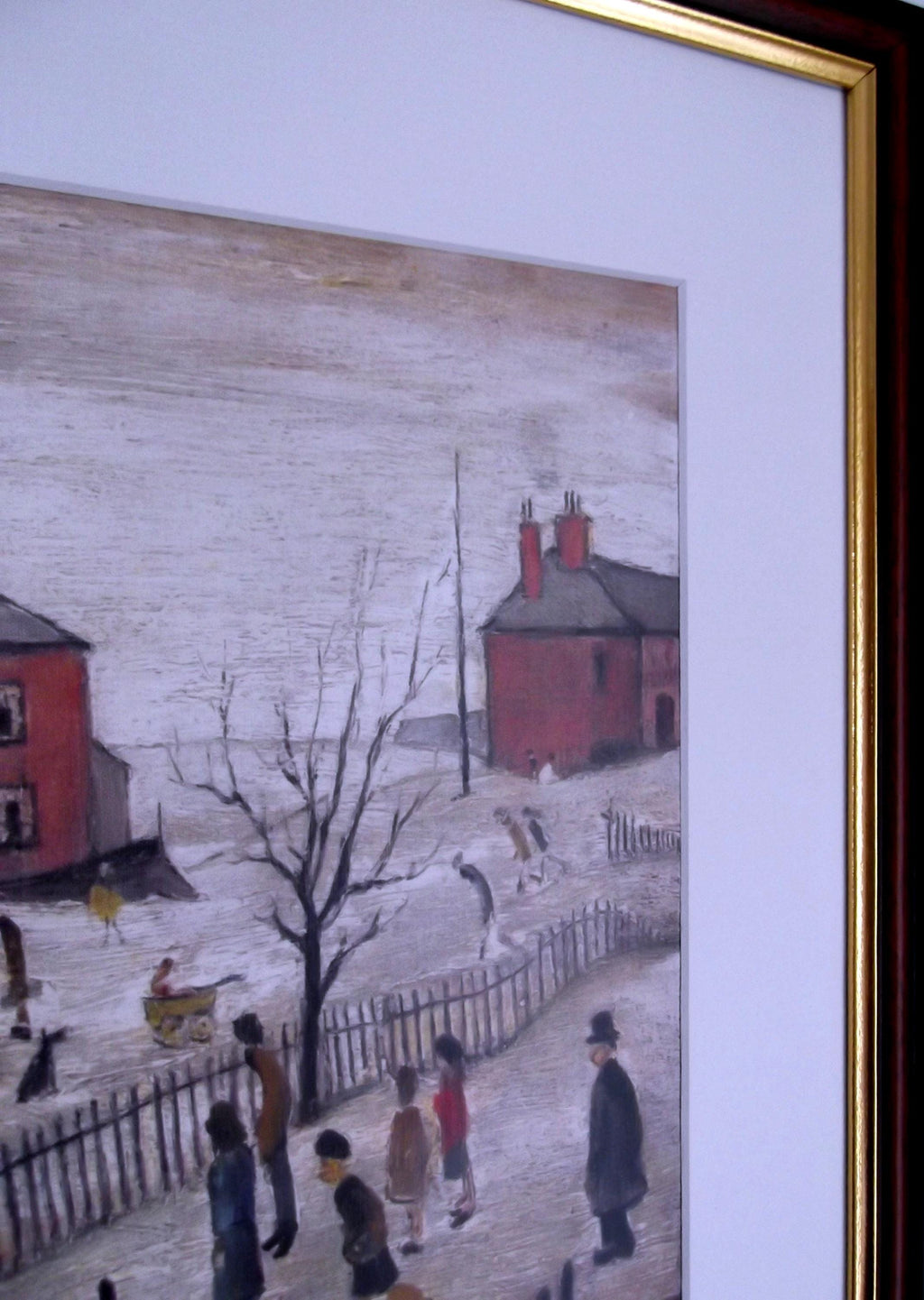 L S Lowry Art Print - School Playground - Walnut Finish Frame with White mount and Textured Image