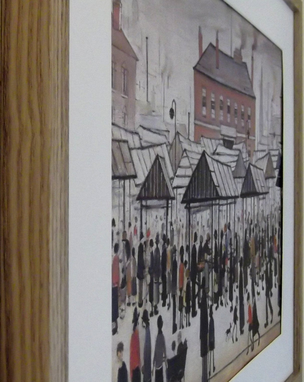 L S Lowry Art Print - Market Scene - Light Oak Finish Frame with White mount and Textured Image
