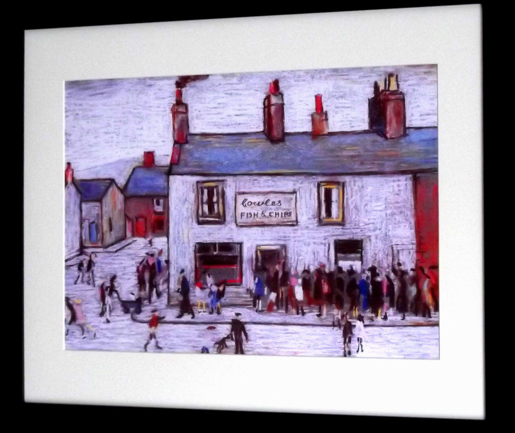 L S Lowry Print - CHIP SHOP - Black Frame with White Mount and Textured Image