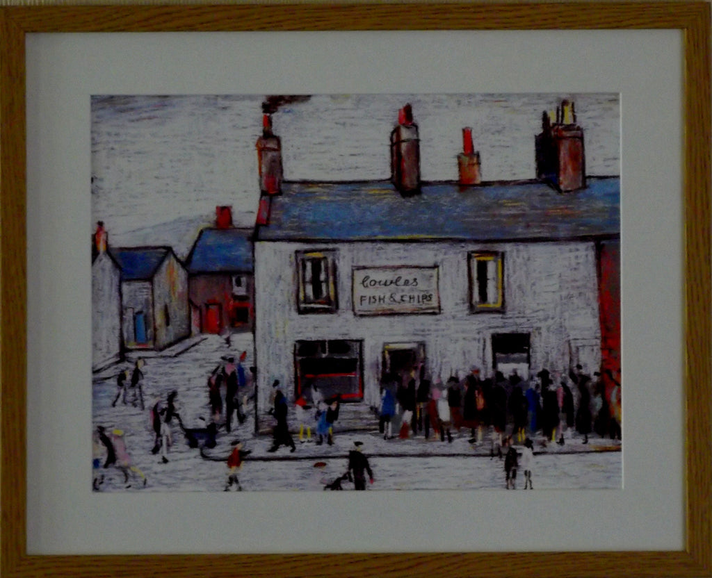 L S Lowry Print - CHIP SHOP - Oak Finish Frame with White Mount and Textured Image